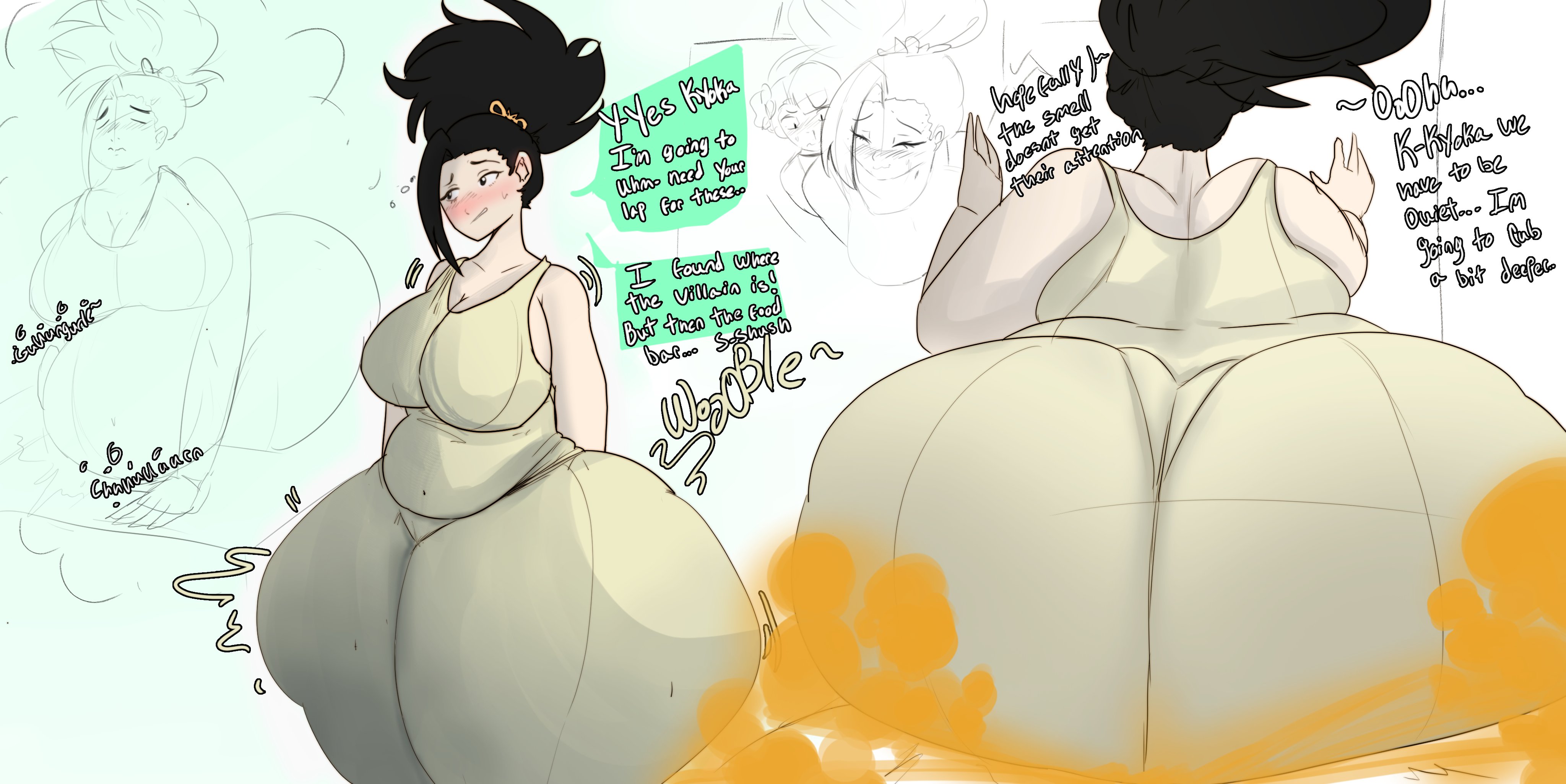 2girls, ass, bbw, belly, big ass, big butt, black eyes, black hair, blush, chubby, chubby female, dialogue, enjoying farts, fart, fart cloud, fart fetish, farting, farting on lap, female, flustered, full of gas, huge ass, huge breasts, hyper ass, kyoka jiro, large ass, melissaalli, momo yaoyorozu, my hero academia, pov, rear view, sitting on lap, thick thighs, wide hips, yuri