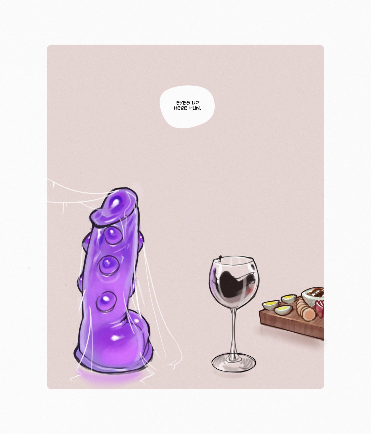 1girls, 1other, 2025, after masturbation, alcohol, ambiguous gender, bianca garcia, bodily fluids, casual nudity, dildo, duo, english text, female, female/ambiguous, food, genital fluids, glass, human, human only, mature female, milf, offscreen character, original, original character, purple dildo, pussy, pussy juice, pussy juice drip, pussy juice string, sex toy, simple background, speech bubble, studded dildo, text, thatmfdiego, vaginal fluids, vaginal juices, wine, wine glass, zero pictured