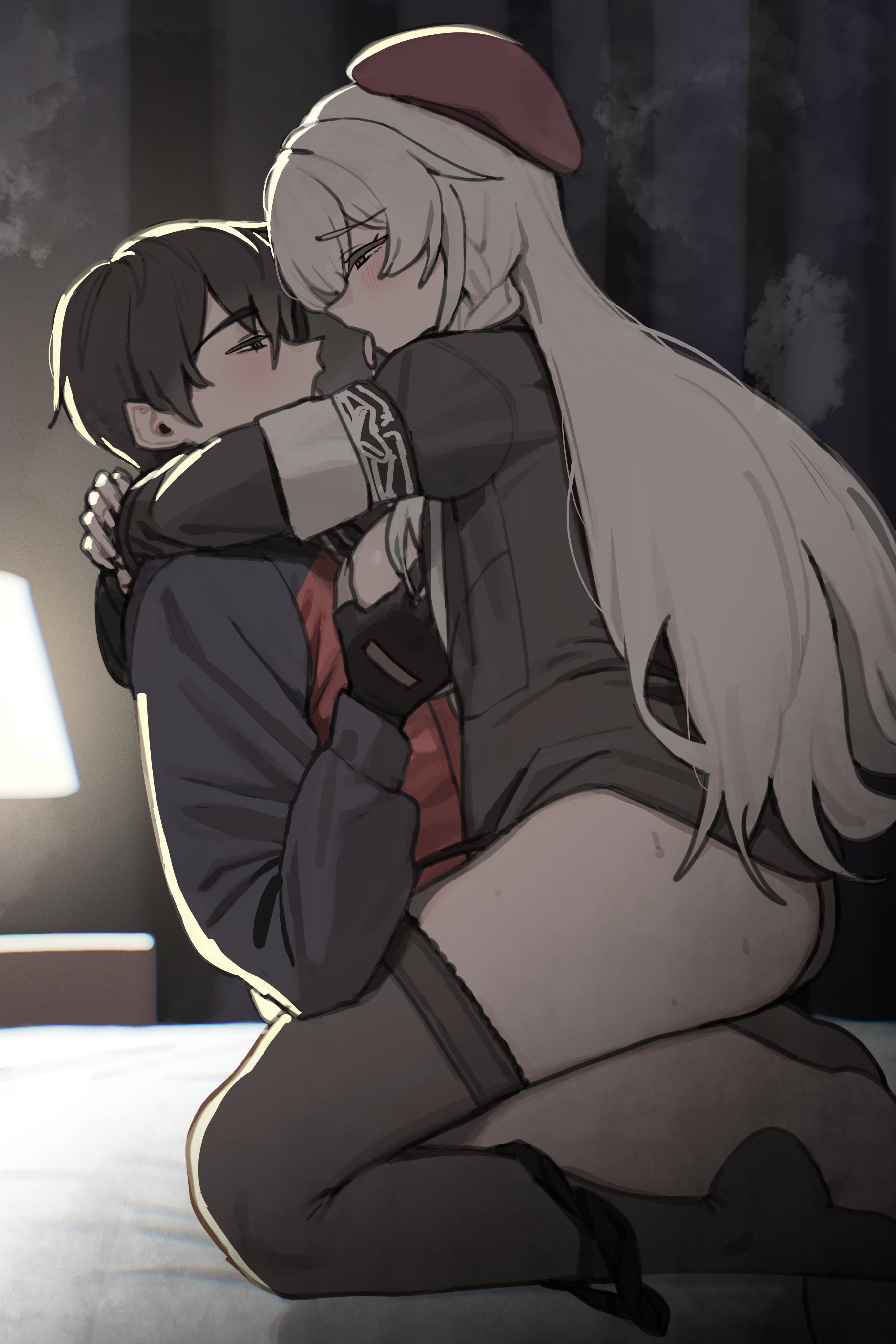 1boy, 1girls, arms around neck, ass, beret, big breasts, blush, bottomless, breast grab, breasts, breasts out, cecilia (girls' frontline 2), commander (girls' frontline), commission, female, g36c (girls' frontline), girls' frontline, girls' frontline 2: exilium, grabbing, grabbing another's breast, grey hair, hat, implied penetration, implied sex, jacket, large breasts, long hair, male, open mouth, panties, panties around one leg, red eyes, second-party source, side view, sideboob, steam, stockings, straddling, sweat, sweatdrop, tongue, tongue out, twin (tt lsh), upright straddle