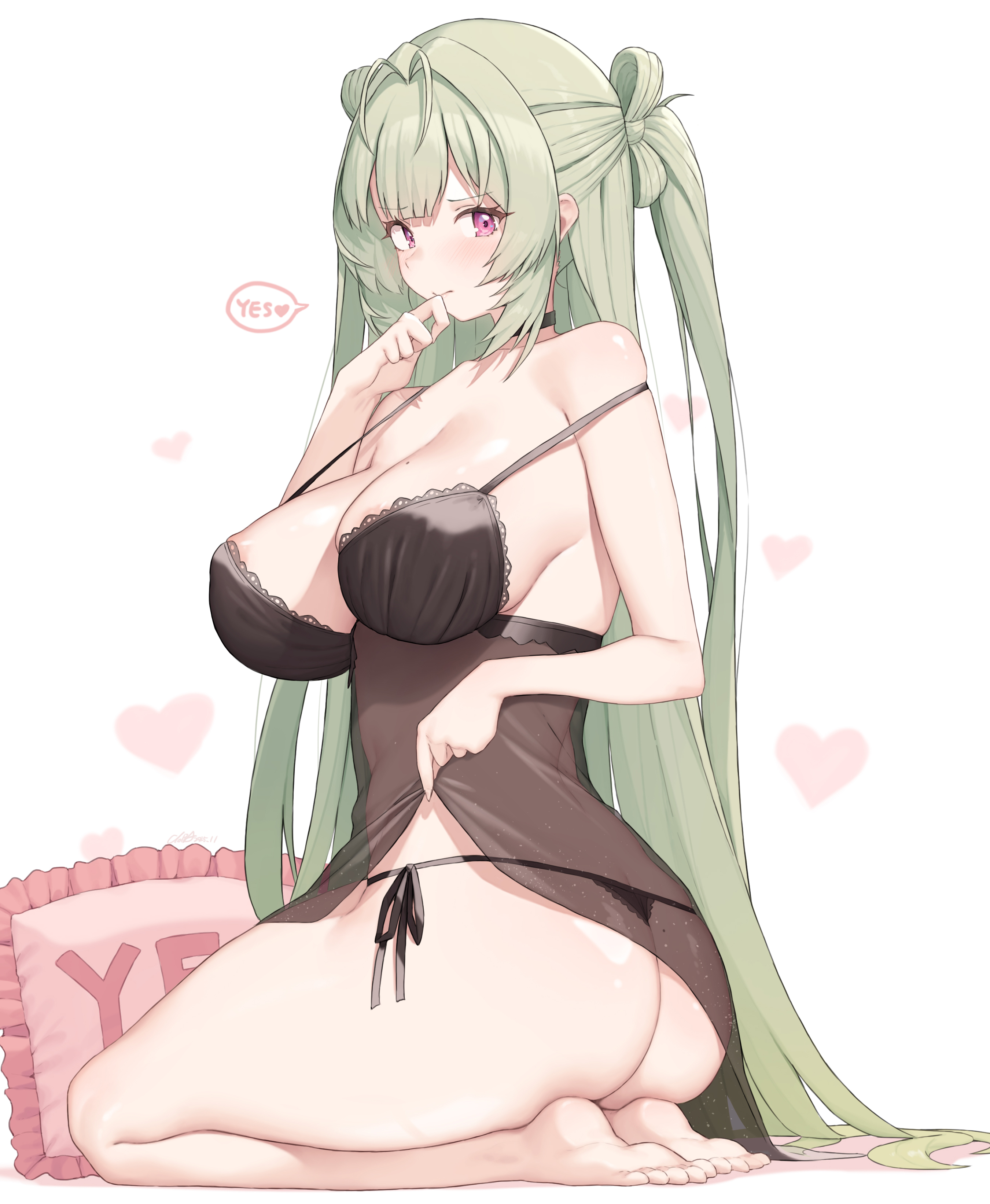 absurdres, antenna hair, areola slip, ass, barefoot, black choker, black panties, breasts, choker, cloba, collarbone, commentary, english commentary, english text, feet, female, from side, goddess of victory: nikke, green hair, heart, heart background, highres, large breasts, lifting own clothes, lingerie, long hair, looking at viewer, mole, mole on breast, panties, pink eyes, seiza, side-tie panties, sitting, soda (nikke), soles, solo, speech bubble, strap gap, strap slip, thick thighs, thighs, twisted torso, underwear, very long hair, white background, yes-no pillow