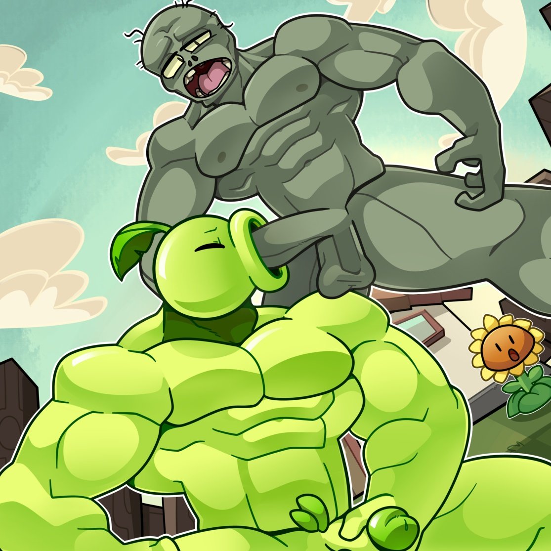 2boys, bara, blowjob, blowjob face, female, gay, handjob, handjob while sucking, male, male only, muscular, muscular male, peashooter (pvz), plant, plants vs zombies, pvz, sunflower (pvz), yaoi, yaoi with female audience, zombie, zombie (pvz), zombie boy
