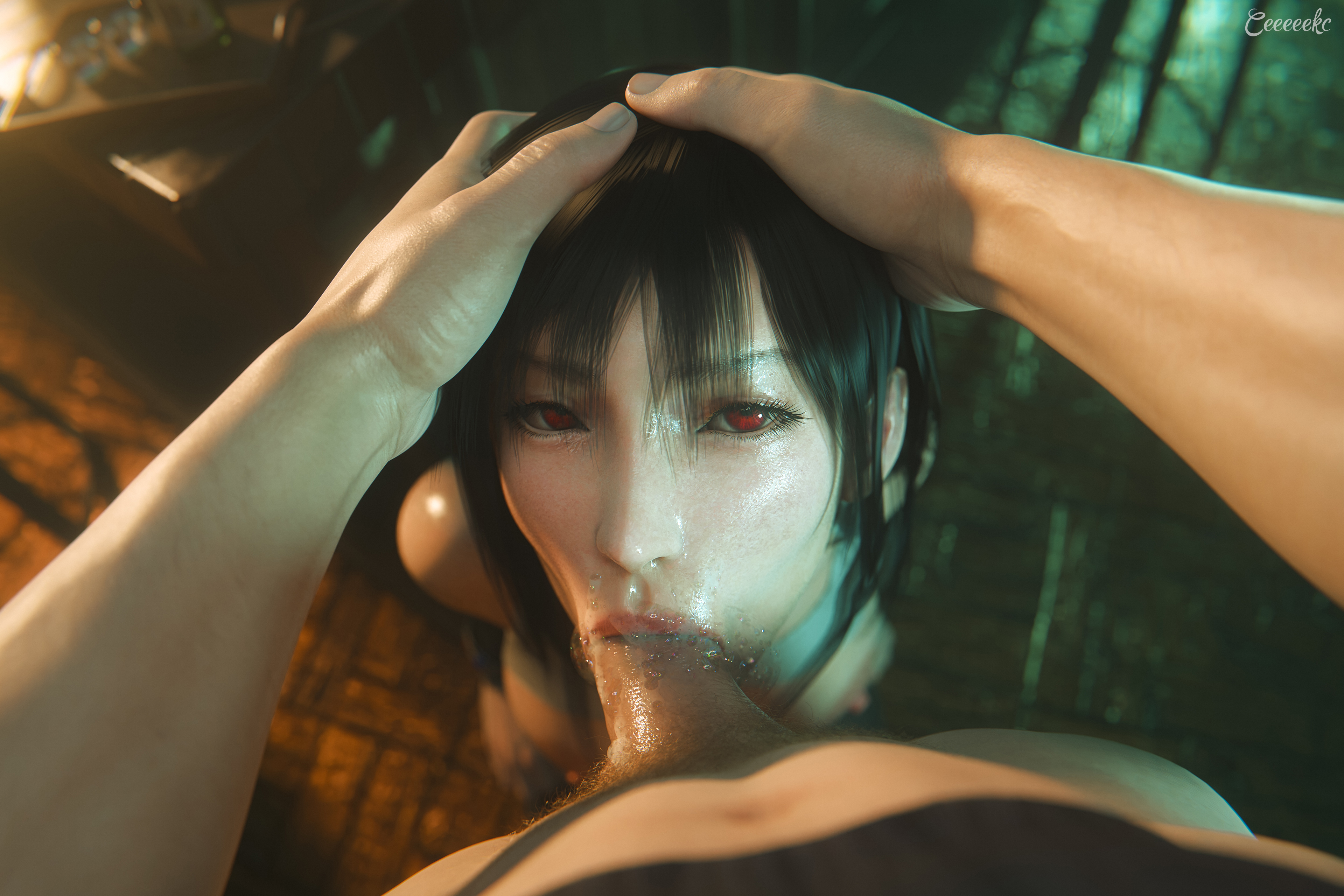 1boy, 1girls, 2025, 3d, alternate version available, areolae, big breasts, black hair, blowjob, bottomless, bottomless male, breasts, ceeeeekc, clothed, clothed female, deep penetration, detailed background, duo, eyelashes, fellatio, female, female penetrated, final fantasy, final fantasy vii, final fantasy vii remake, fingerless gloves, gloves, hands-free blowjob, head grab, image set, kneeling, kneeling oral position, legs together, lipstick, long hair, looking at viewer, male, male pov, male pubic hair, nipples, oral, oral penetration, oral sex, penis, penis in mouth, pov, pov blowjob, pubic hair, red eyes, saliva, saliva on face, sex, straight, straight sex, tank top, tank top lift, tifa lockhart