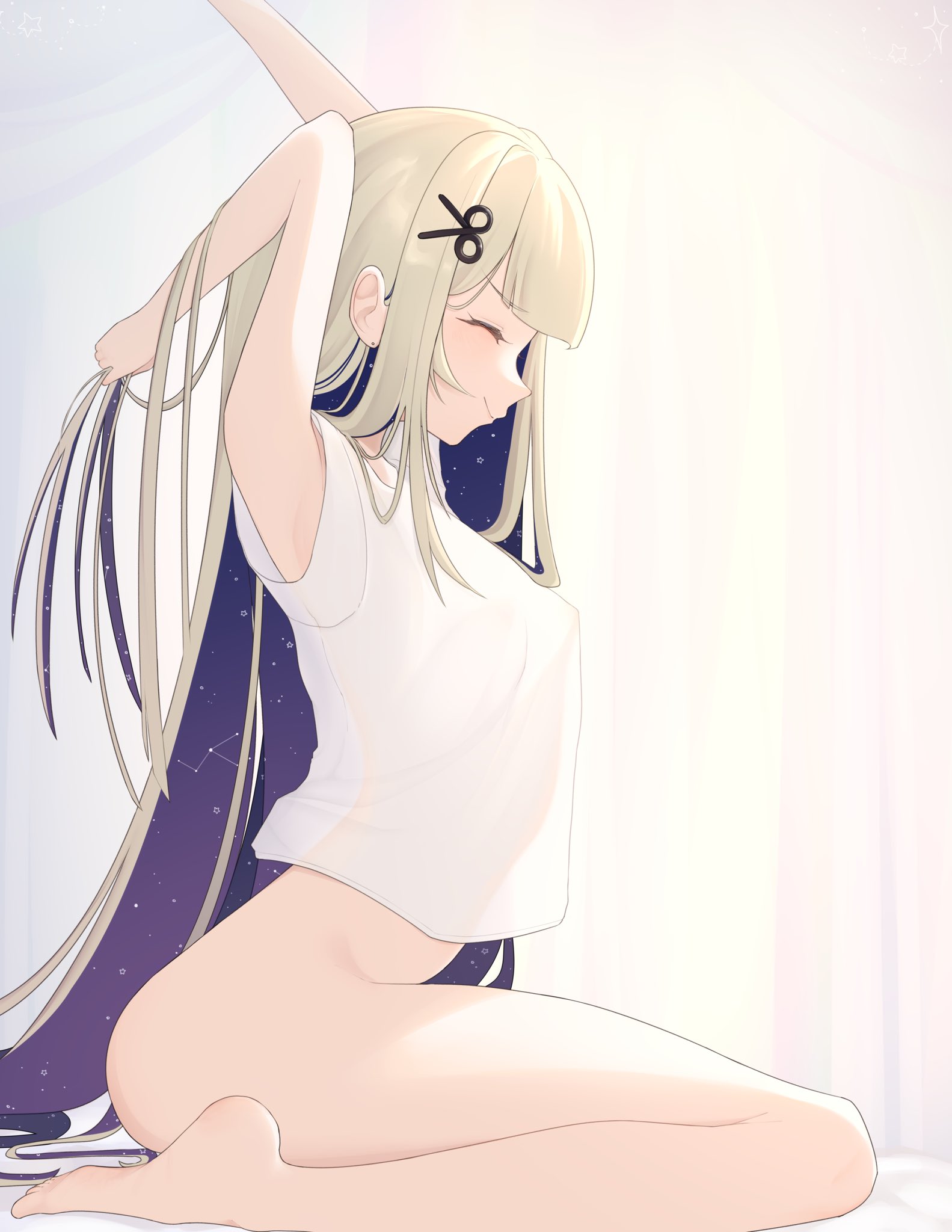 1girls, amanogawa shiina, barefoot, bedroom, blonde hair, breasts, closed eyes, feet, female, female only, hair ornament, indoors, light skin, light-skinned female, miia (matoimiia), nipple bulge, no panties, petite, phase alias, phase connect, room, small breasts, smile, solo, virtual youtuber, waking up