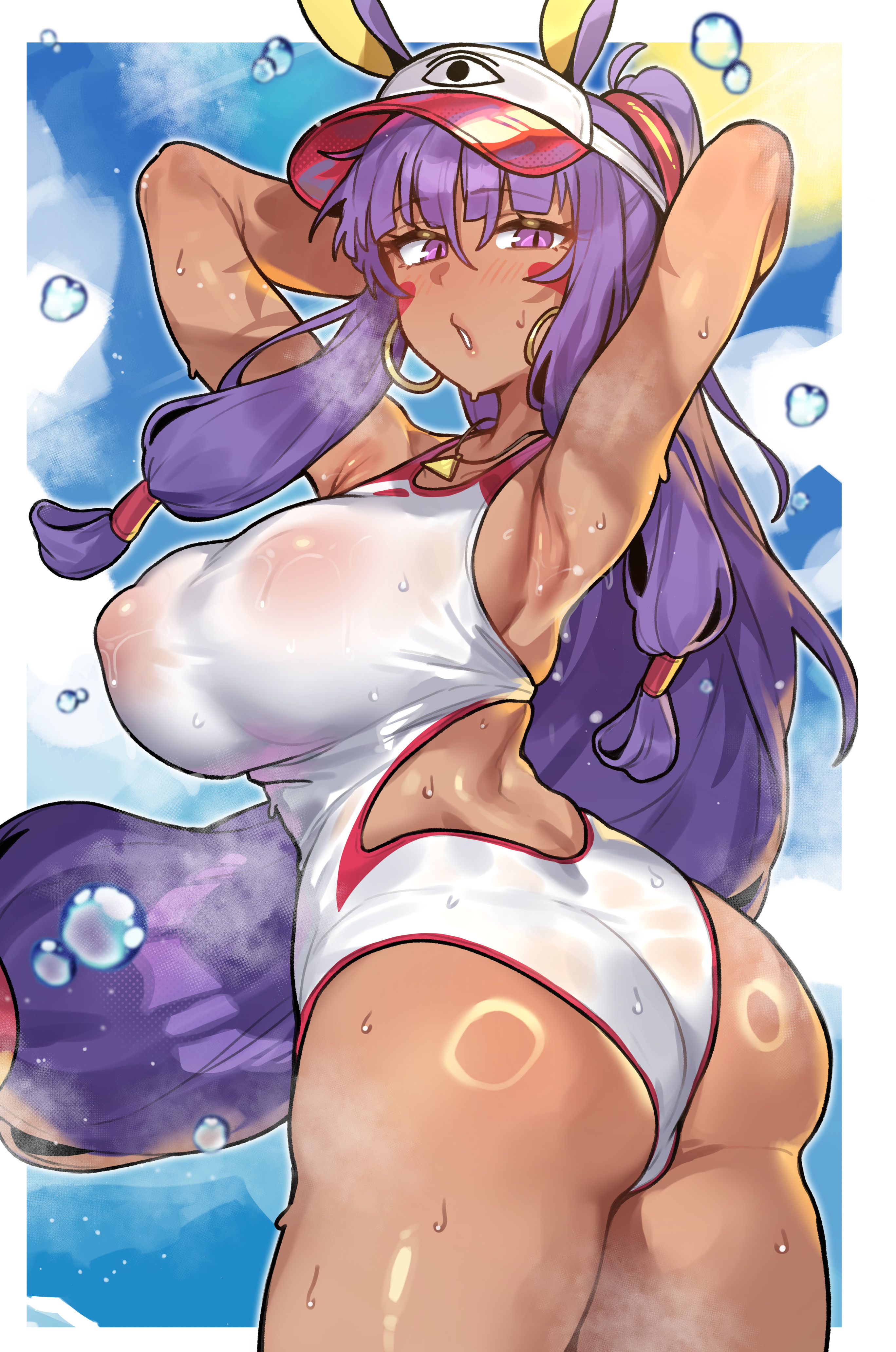 1girls, absurdres, animal ears, armpits, arms behind head, arms up, ass, ass focus, bare shoulders, big ass, big breasts, breasts, commentary, covered erect nipples, dark skin, dark-skinned female, earrings, english commentary, facepaint, facial mark, fate (series), fate/grand order, female, female only, highleg, highleg one-piece swimsuit, highres, hoop earrings, huge breasts, jackal ears, jewelry, large breasts, long hair, looking at viewer, necklace, nitocris (fate), nitocris (fate/grand order), nitocris (swimsuit assassin) (fate), nitocris (swimsuit assassin) (second ascension) (fate), one-piece swimsuit, purple eyes, purple hair, radishkek, ring light reflection, sidelocks, solo, swimsuit, thighs, very long hair, visor cap, wet, white one-piece swimsuit
