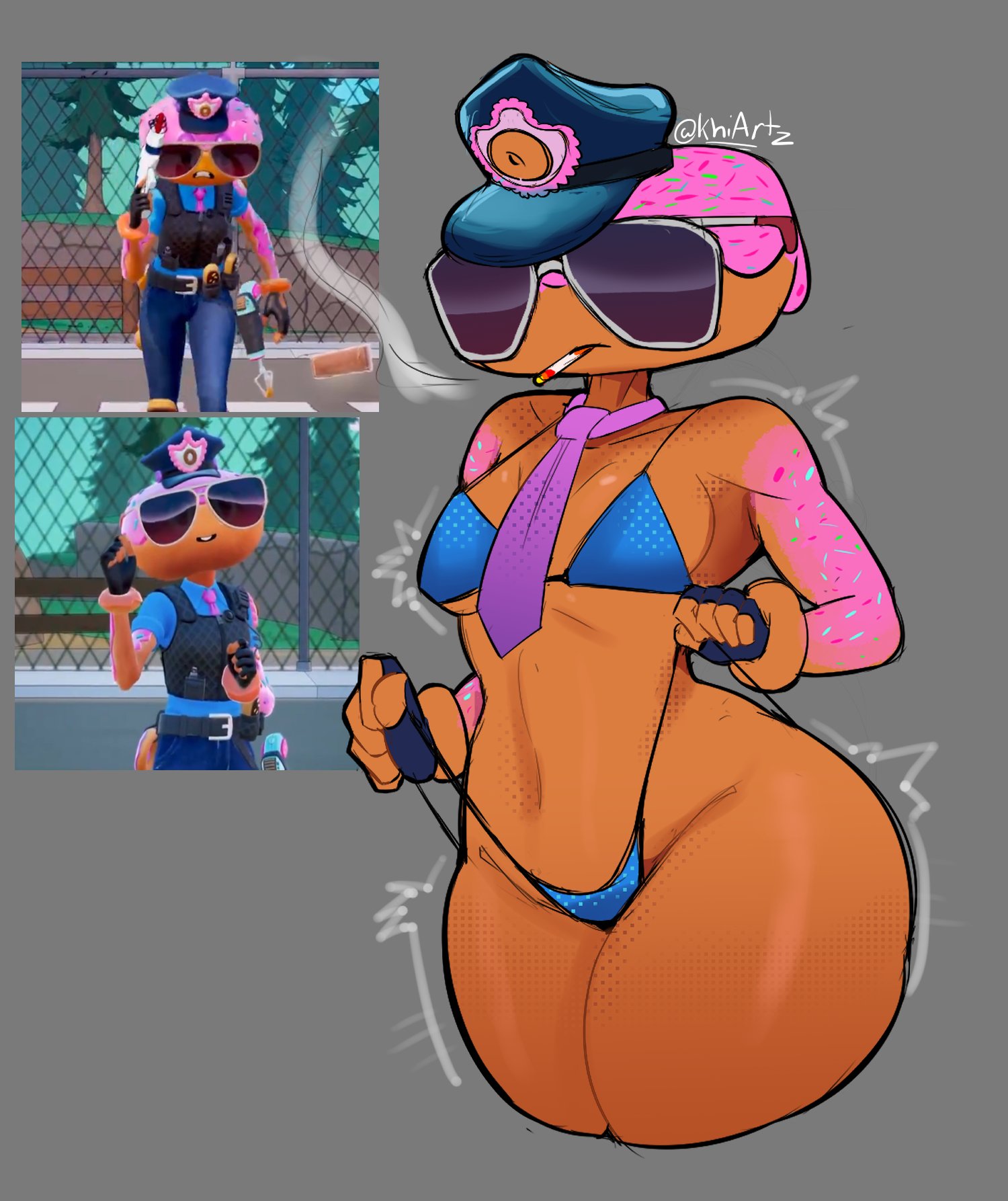 1girls, 2025, cigarette, constable sprinkle, cop, donut, female, female focus, female only, food creature, food humanoid, fortnite, fortnite: battle royale, glasses, khiartz, micro bikini, object head, panty pull, self wedgie, shades, thong, thong bikini, tie, underwear, wedgie