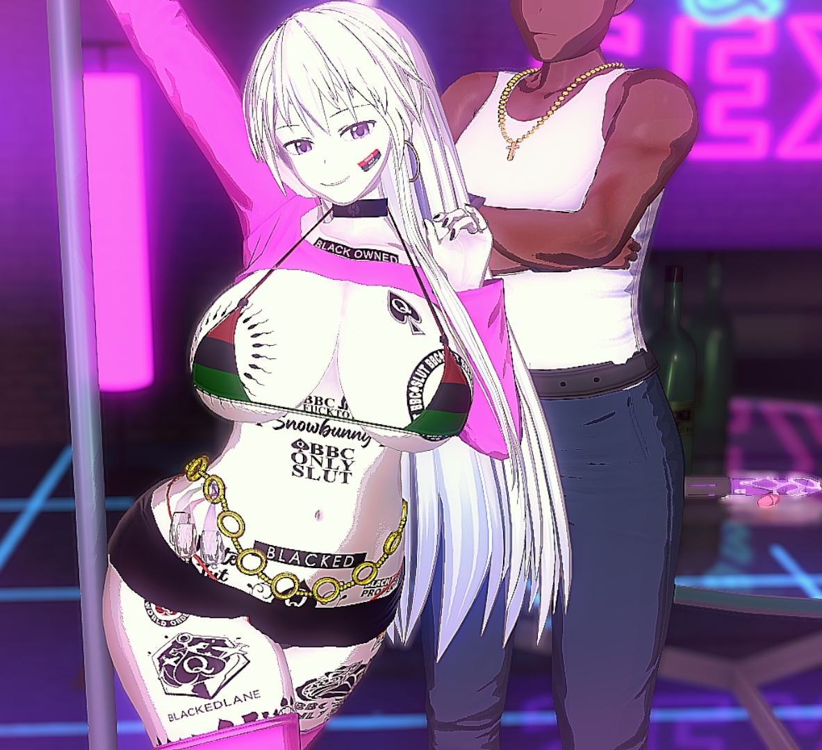 1boy, 3d, 3d model, azur lane, bikini, breasts, dancing, dark-skinned male, edit, enterprise (azur lane), female, happy, happy female, koikatsu, light-skinned female, navel, neon lights, pale-skinned female, pan-african flag, pan-african flag bikini, phone, purple eyes, queen of spades, raceplay, raceplay tattoo, sex toy, strip club, stripper, stripper clothes, stripper pole, tattoo, voluptuous female, white hair