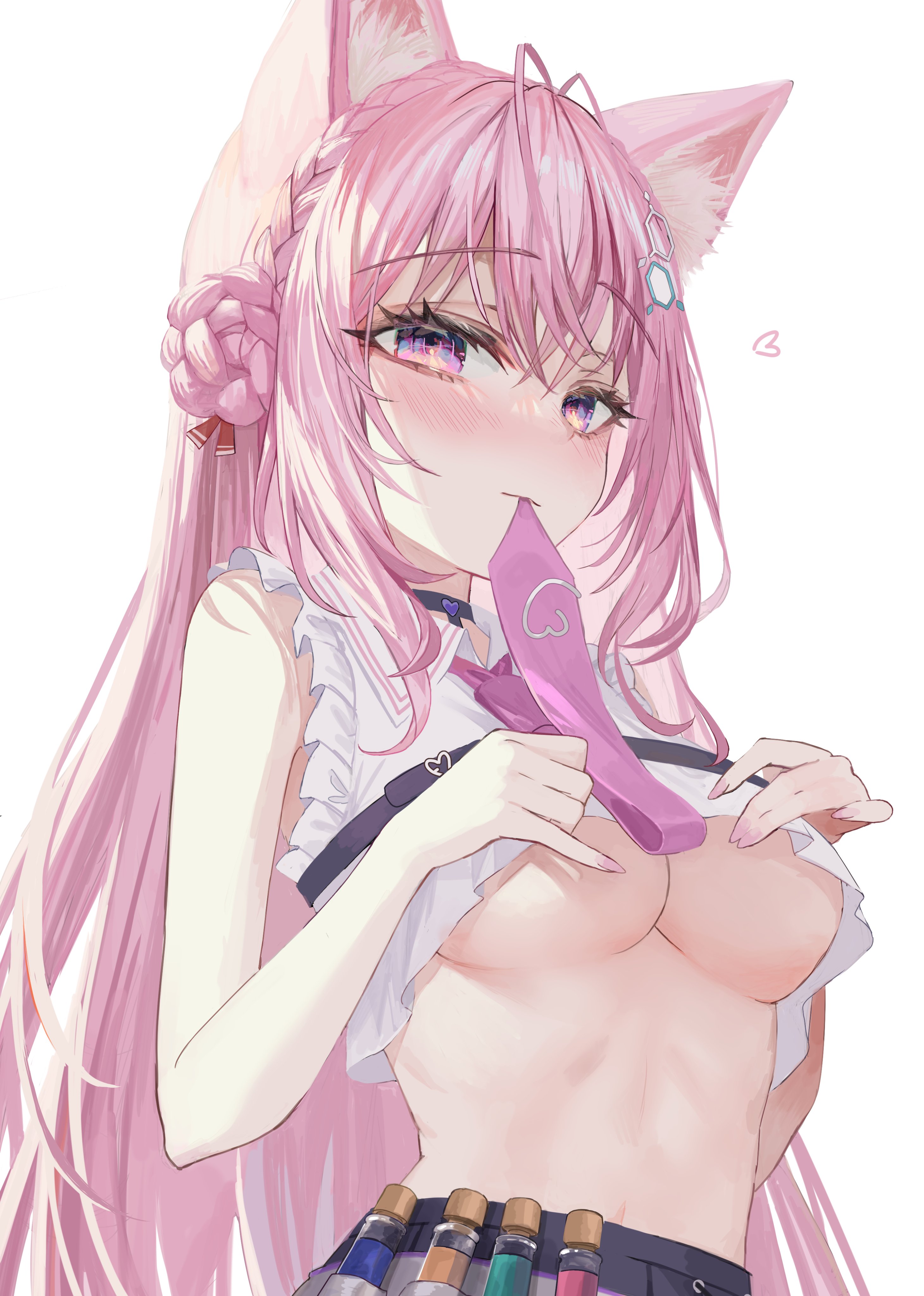 absurdres, animal ear fluff, animal ears, antenna hair, black choker, black skirt, blush, braid, braided bun, breasts, choker, clothes lift, collared shirt, commentary request, cropped shirt, crown braid, double bun, double-parted bangs, female, frilled shirt, frills, hair bun, hakui koyori, hakui koyori (1st costume), hexagon hair ornament, highres, hololive, hololive japan, holox, large breasts, long hair, looking at viewer, midriff, mouth hold, navel, necktie, necktie in mouth, no bra, pink hair, pink necktie, pleated skirt, purple eyes, rum raisin (chihiromakita19), shirt, shirt lift, sidelocks, simple background, skirt, sleeveless, sleeveless shirt, solo, test tube, underboob, upper body, very long hair, virtual youtuber, vtuber, wavy hair, white background, white shirt, wolf ears, wolf girl