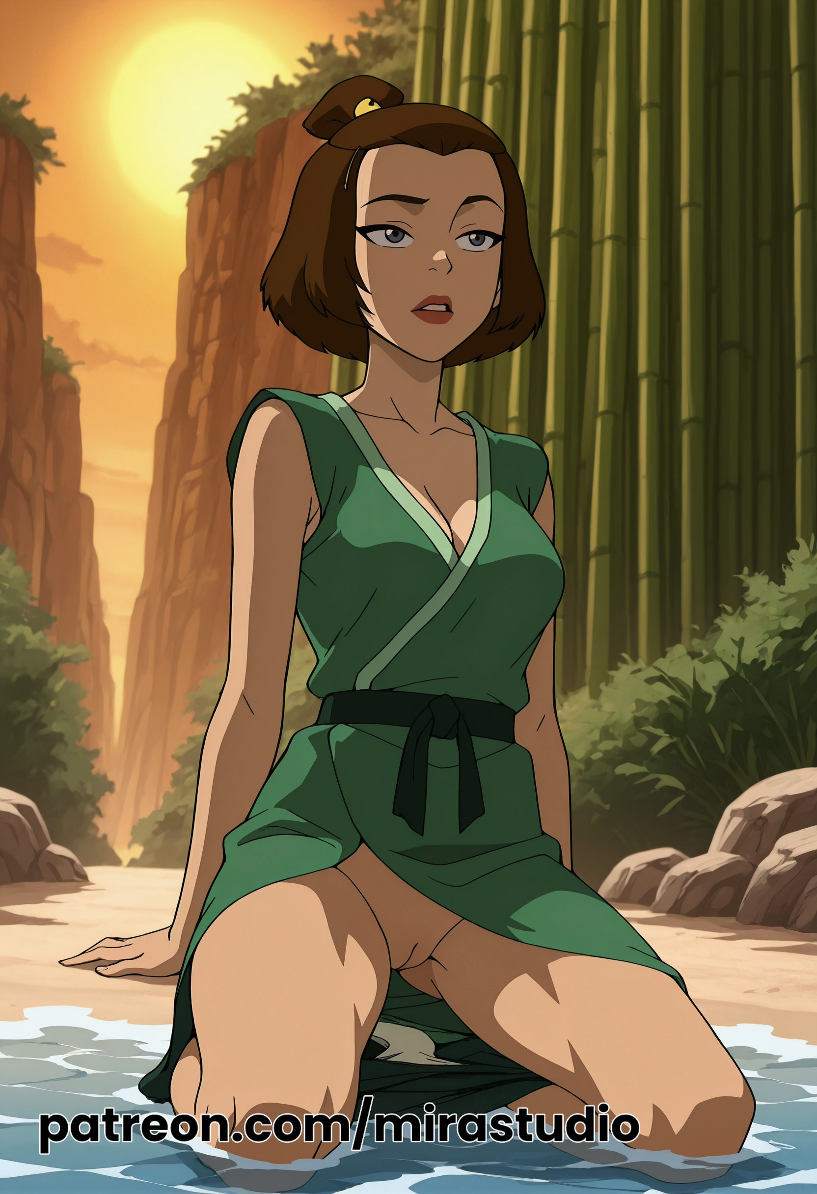 ai generated, avatar the last airbender, brown hair, bun, cartoon, cartoon character, fair skin, female, mirastudio, nickelodeon, suki