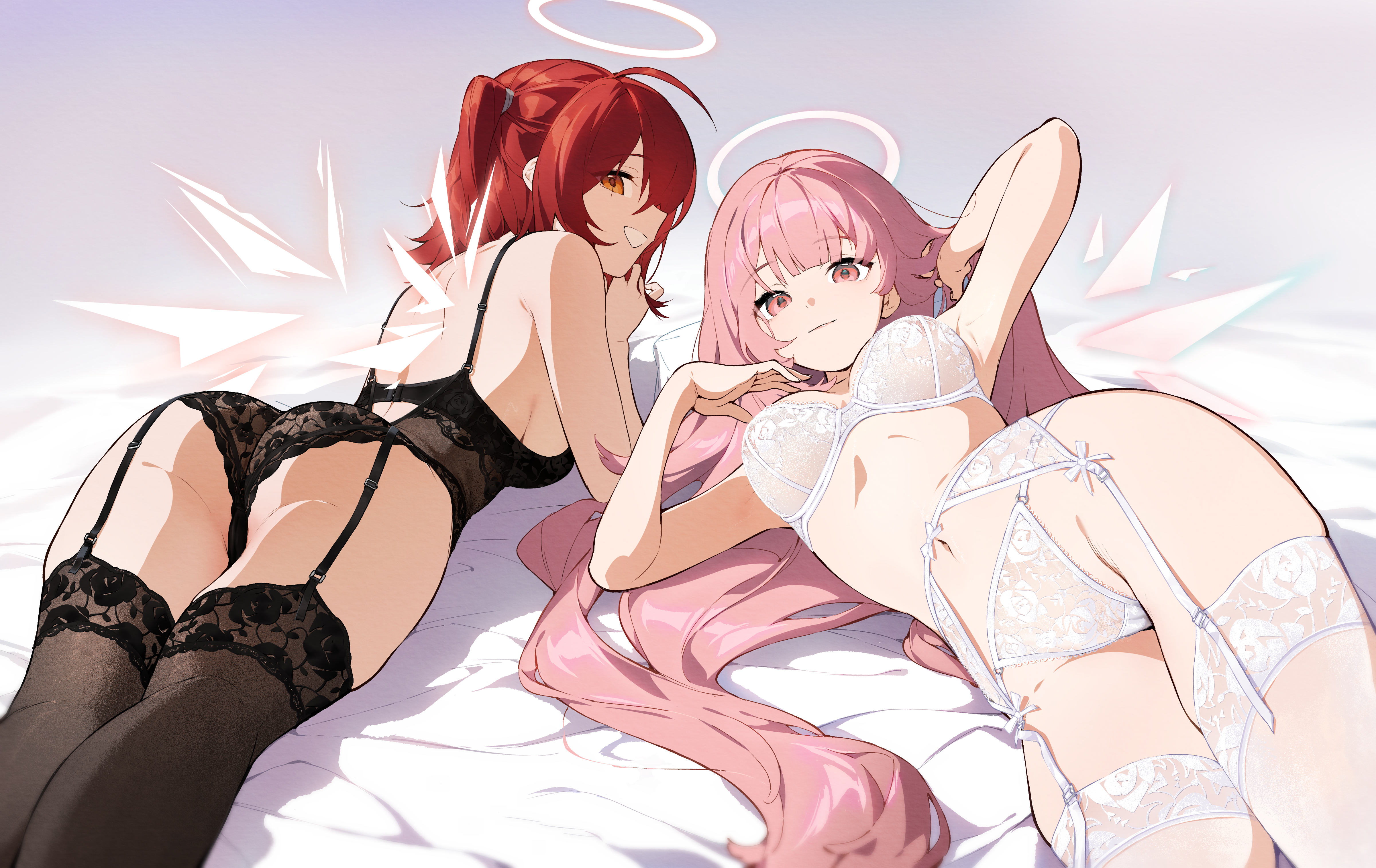 2girls, amused, angel, arknights, armpits, ass, babydoll, bare shoulders, big breasts, big smile, black babydoll, black bra, black garter belt, black legwear, black lingerie, black panties, black stockings, bra, breasts, exusiai (arknights), female, female only, garter belt, halo, hand behind head, highres, hips, lace, lace-trimmed bra, lace-trimmed panties, legs, legs together, legwear, lemuen (arknights), light skin, light-skinned female, lingerie, long hair, looking at viewer, looking back, looking back at viewer, lying, lying on back, lying on stomach, navel, orange eyes, panties, pink eyes, pink hair, red eyes, san p.dro, see-through, short hair, side ponytail, smile, stockings, thighs, very long hair, waist, white bra, white garter belt, white legwear, white lingerie, white panties, white stockings, wide hips, wings