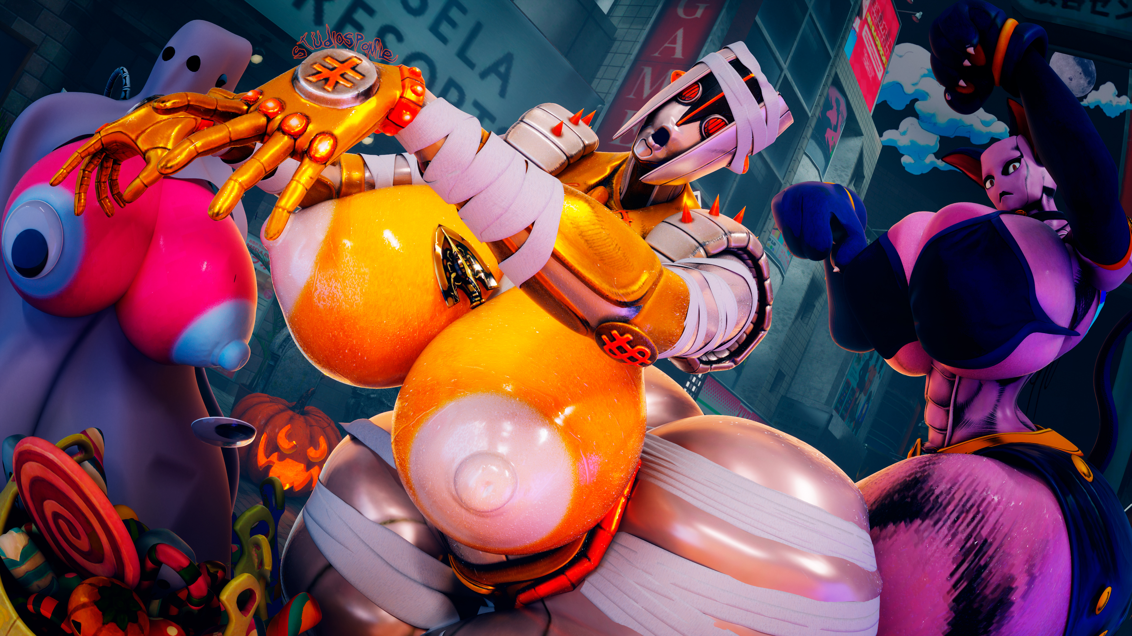 3d, 3girls, ass, ass bigger than head, bandages, big ass, big breasts, big thighs, breasts, breasts bigger than head, candy, cat costume, cat ears, cat paws, cleavage, collar, costume, crazy diamond, curvaceous, curvy, curvy figure, diamond is unbreakable, female, female focus, ghost, ghost costume, ghost girl, halloween, halloween costume, hard nipples, huge ass, huge breasts, huge thighs, jojo's bizarre adventure, killer queen, large ass, large breasts, massive ass, massive breasts, mummy, mummy costume, mummy wrappings, naked bandage, on side, panflestudios, posing, puffy areola, puffy nipples, rule 63, shounen jump, spiked bracelet, stand (jjba), tagme, the hand (jjba), thick thighs, voluptuous, voluptuous female, wide hips, wide thighs