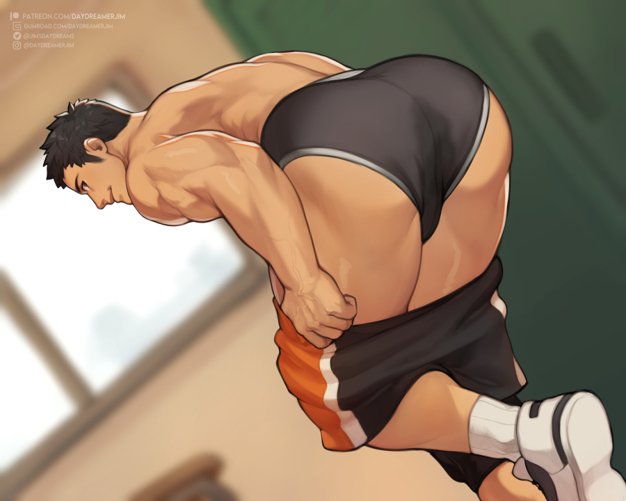 1boy, alternate muscle size, ass, back, bara, big ass, black hair, blurry, blurry background, briefs, butt, clothes pull, daydreamerjim, gay, gay male, haikyuu!!, indoors, jimsdaydreams, looking back, male, male focus, male only, male underwear, muscles, muscular, muscular male, pulling own clothes, sawamura daichi, shoes, short hair, shorts, shorts pull, socks, solo, topless male, twitter username, underwear, variant set, yaoi