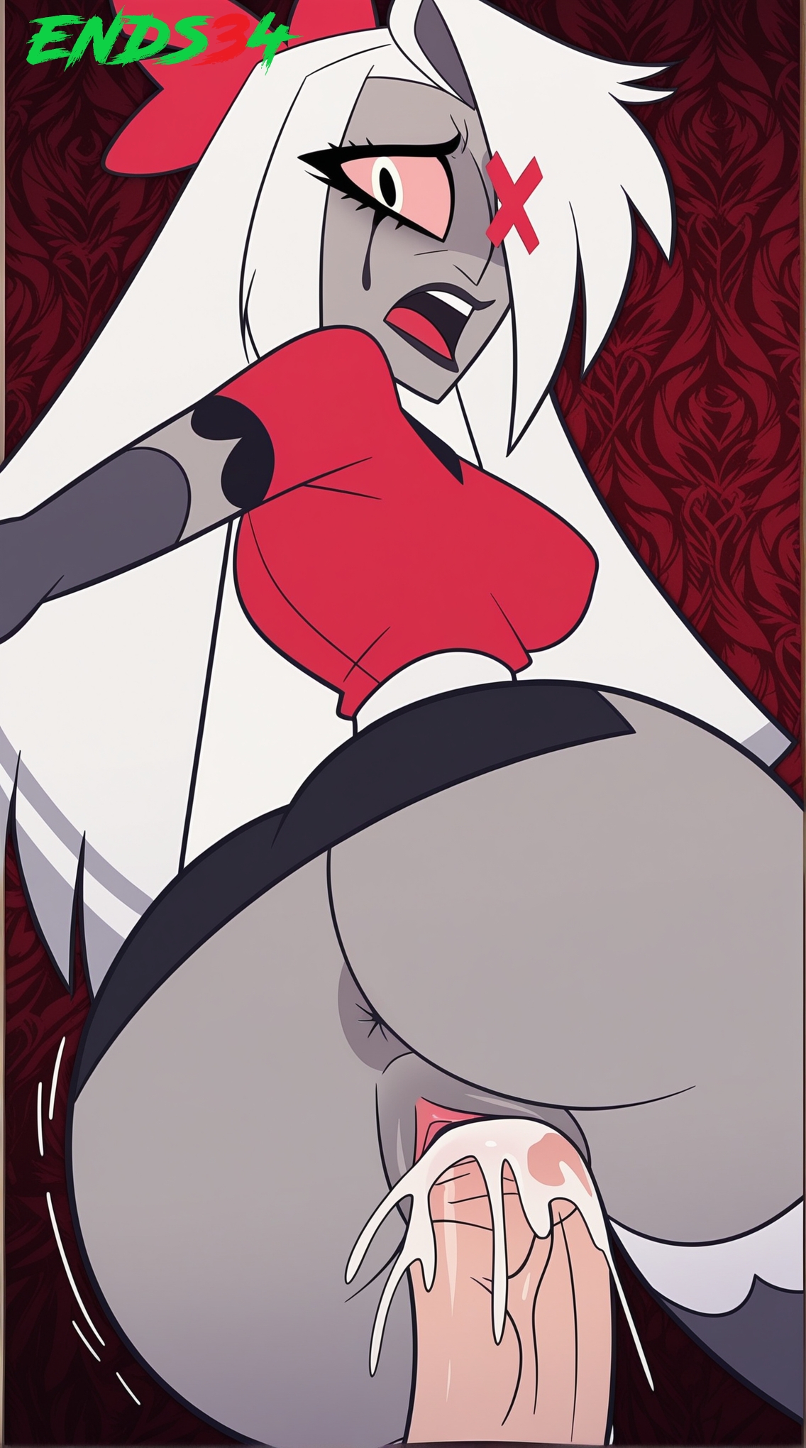 2025, ai generated, angel, angel girl, ass, ass focus, cum, cum inside, defeated, ends34, female, female focus, hazbin hotel, penis, runny makeup, sex, vaggie (hazbin hotel)