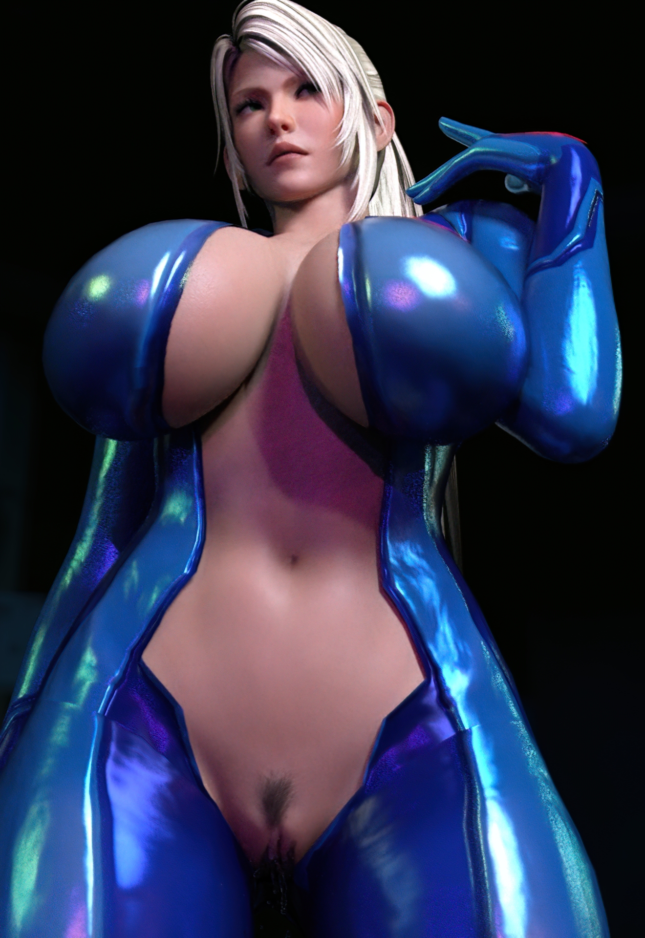 3d, big breasts, big penis, blonde female, blonde hair, blonde-haired female, breasts, cleavage, female, green eyes, latex, latex suit, looking away, metroid, nintendo, pubes, pussy, pussy juice, pussy juice drip, samus aran, sarah bryant (model), xapo69, zero suit, zero suit samus (cosplay)