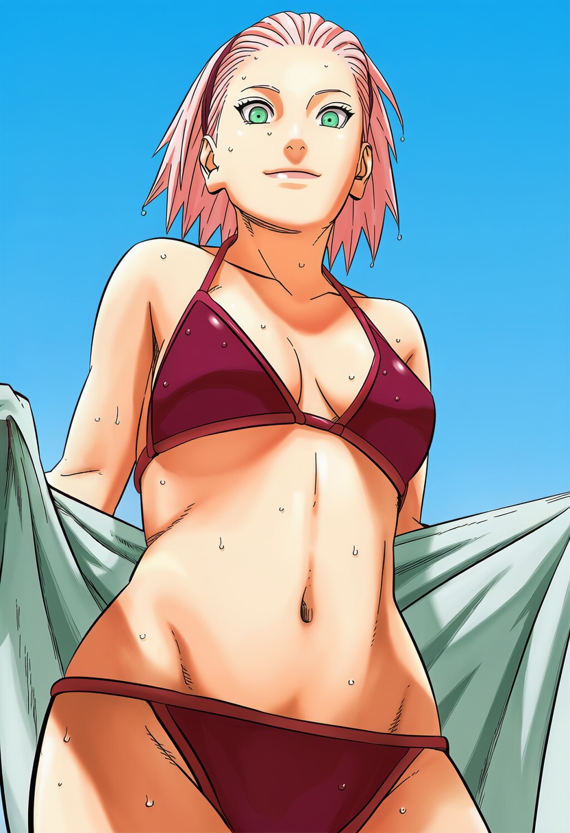 1girls accurate_art_style ai_generated beach bikini blush bob_cut boruto:_naruto_next_generations breasts clothing female female_only green_eyes hi_res high_resolution highres kneeling light-skinned_female light_skin long_hair manga_style masashi_kishimoto_style mature_female medium_breasts medium_hair milf naruto naruto:_the_last naruto_(series) naruto_shippuden naughty_face nipples ocean outdoors pale-skinned_female pale_skin perky_breasts pink_hair pinup pinup_pose red_bikini sakura_haruno seaside shoulder_length_hair smile smiling solo solo_female solo_focus swimsuit thighs towel upper_body ㅇㅇ