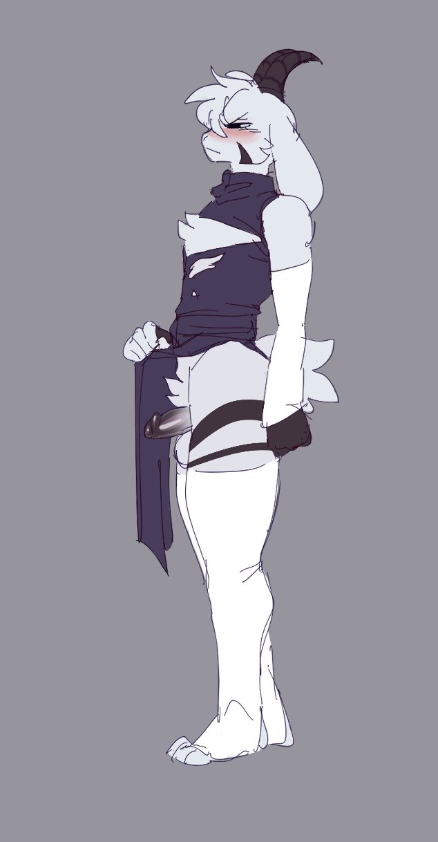 2024, angy, anthro, asriel dreemurr, asriel dreemurr (god form), black sclera, blush, commission, embarrassed, femboy, floppy ears, fluffy tail, fur, furry, goat, goat boy, goat humanoid, groatydeer, horns, kippy, looking away, male, male only, pout, small penis, solo male, stirrup legwear, tail, thighhighs, undertale
