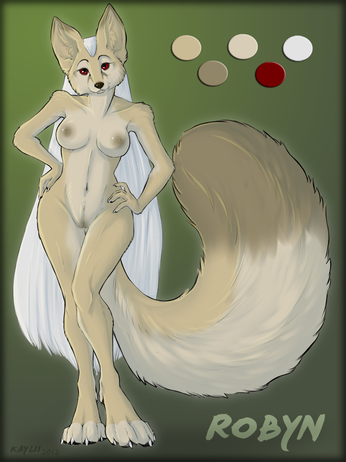 anthro breasts canine female fennec fox fur furry hair kaylii long_hair looking_at_viewer model_sheet nude pussy red_eyes robyn solo standing white_hair