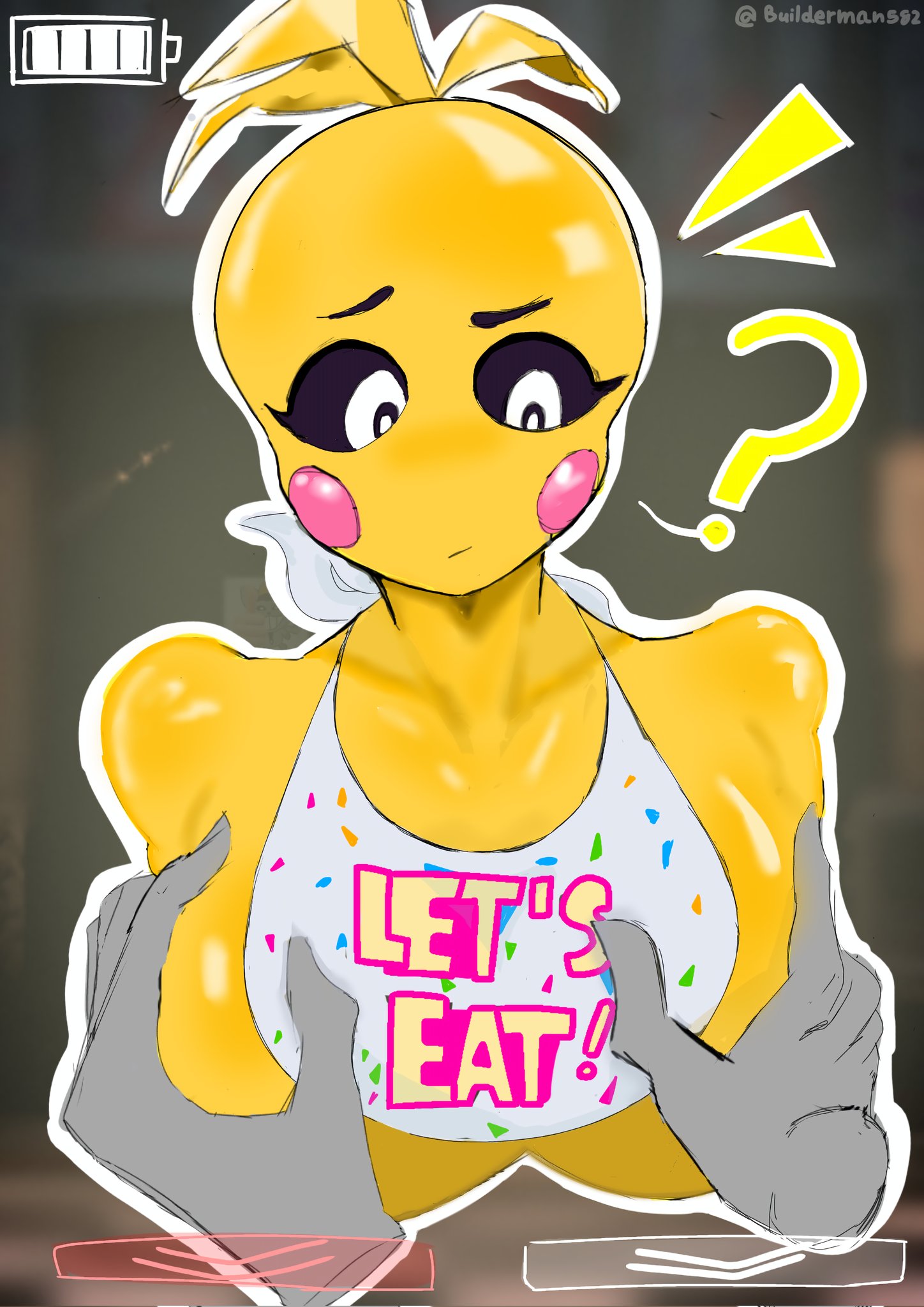 1boy, 1girls, breast grab, breasts, female, five nights at freddy's, fnaf, fritz smith, game hud, male, question mark, straight, tagme, toy chica (fnaf)