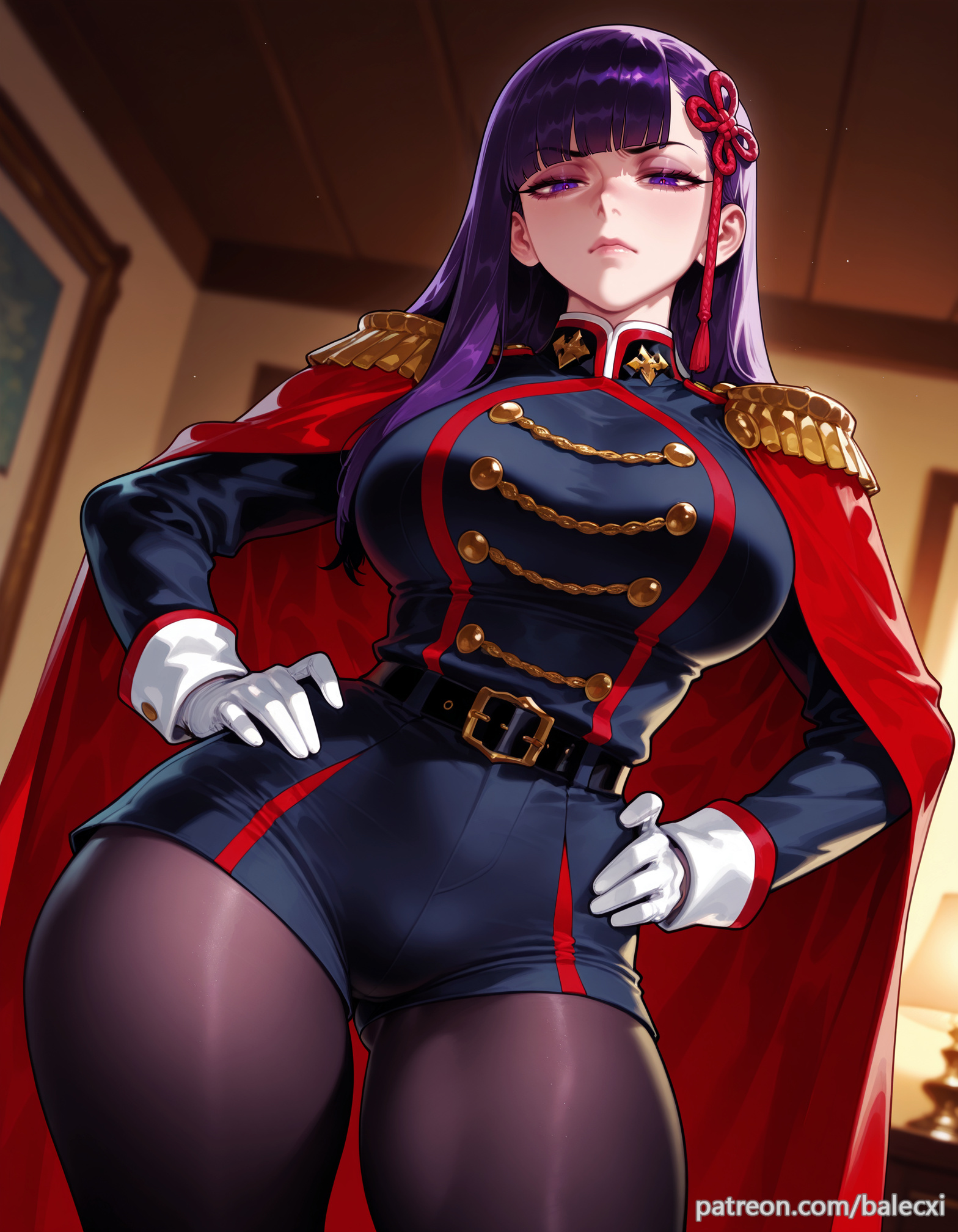 ai generated, balecxi, belt, blunt bangs, breasts, epaulettes, female, hands on own hips, large breasts, long hair, long sleeves, looking at viewer, mato seihei no slave, military, military uniform, pantyhose, purple eyes, purple hair, red cape, shorts, solo, thighs, white gloves, yamashiro ren