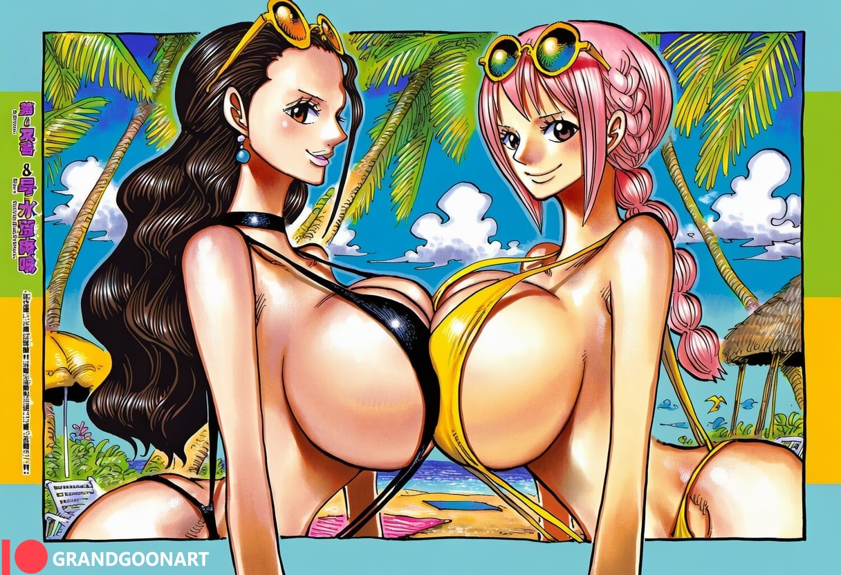 2girls, accurate art style, age difference, ai generated, aunt, beach, big breasts, breast comparison, breasts, breasts to breasts, brown hair, brown-haired female, comparing, dark nipples, dark skin, dark-skinned female, family, female, female only, grandgoonart, incest, manga, manga page, manga style, niece, nipples, one piece, patreon, pink hair, pink-haired female, pubic hair, rebecca (one piece), sling bikini, symmetrical docking, viola (one piece)