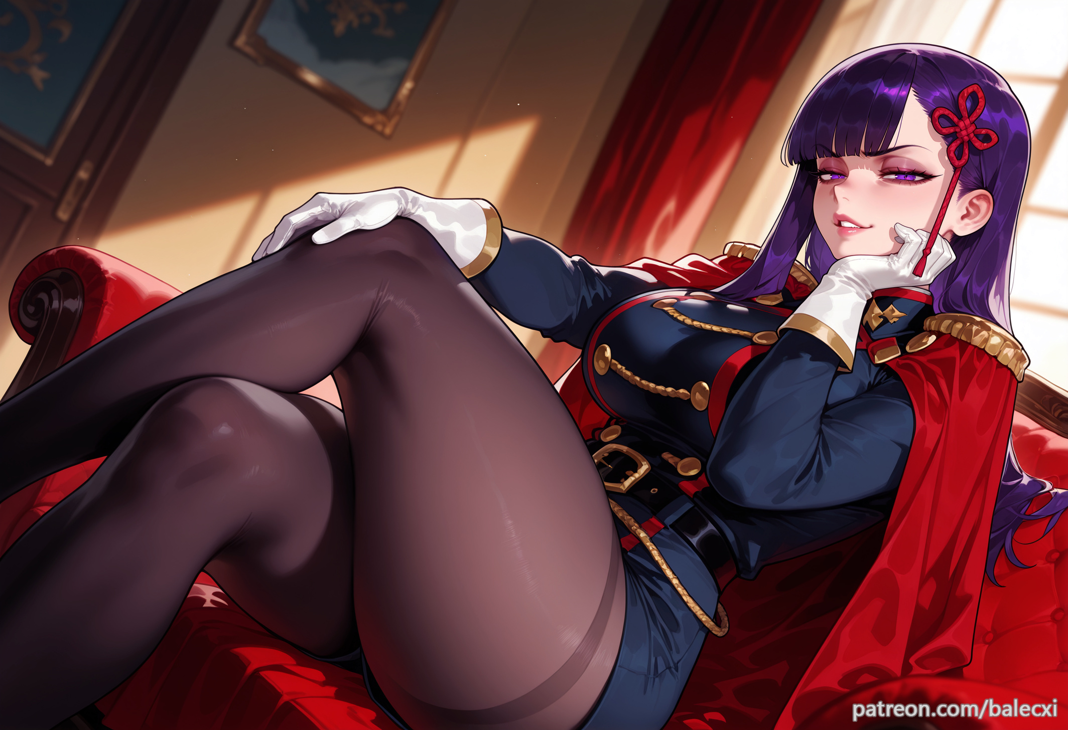 ai generated, balecxi, belt, breasts, cape, crossed legs, epaulettes, female, indoors, large breasts, long hair, looking at viewer, mato seihei no slave, pantyhose, purple eyes, purple hair, sitting, smile, solo, thighs, uniform, white gloves, yamashiro ren