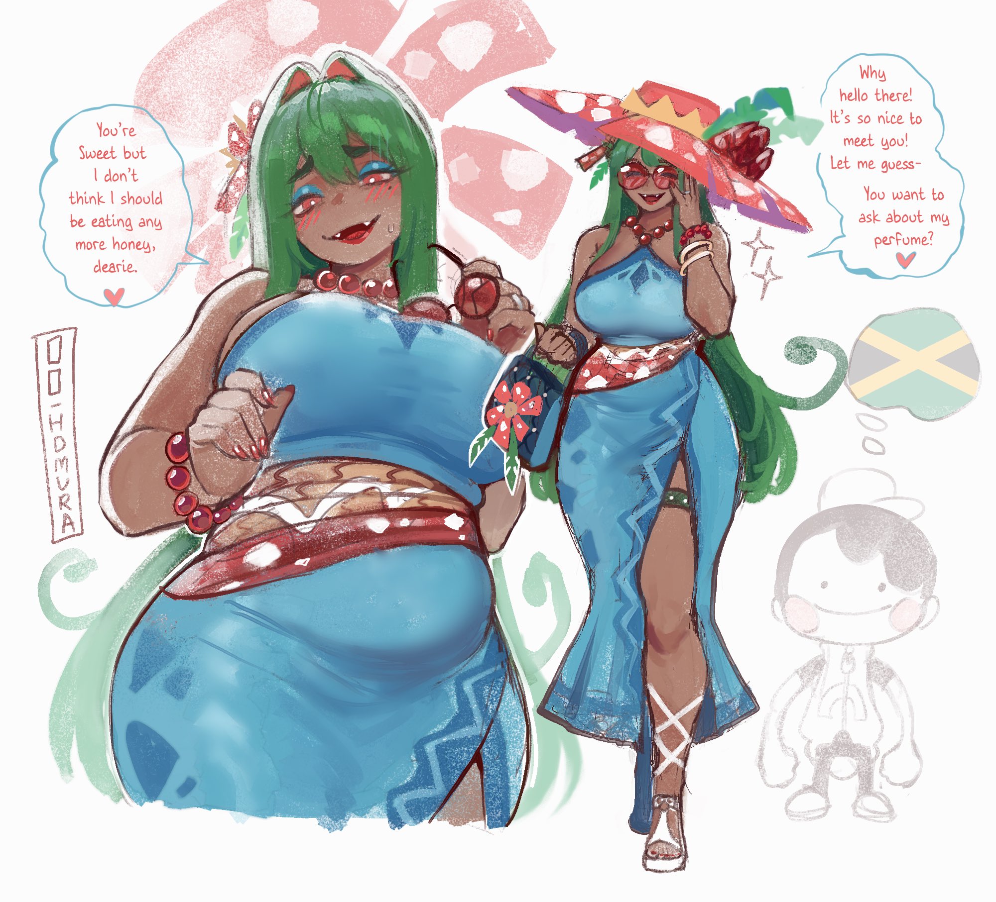 2d, 2d (artwork), 2girls, animal ears, blue eyeshadow, blush, breasts, brown hair, cleavage, color, curvy, dialogue, ditto, ditto (pokemon pokopia), ditto (pokemon), ditto copied person, english text, eyeshadow, generation 1 pokemon, gijinka, green hair, hawaiian clothes, heart, hi res, highres, illustration, jamaican flag, large breasts, looking at viewer, mature female, multiple girls, multiple views, nail polish, nintendo, open mouth, personification, pokegirl, pokemon, pokemon (species), pokemon pokopia, pokopia, red eyes, red nails, smile, smiling, smiling at viewer, speech bubble, talking to viewer, thiccwithaq, twintails, venusaur