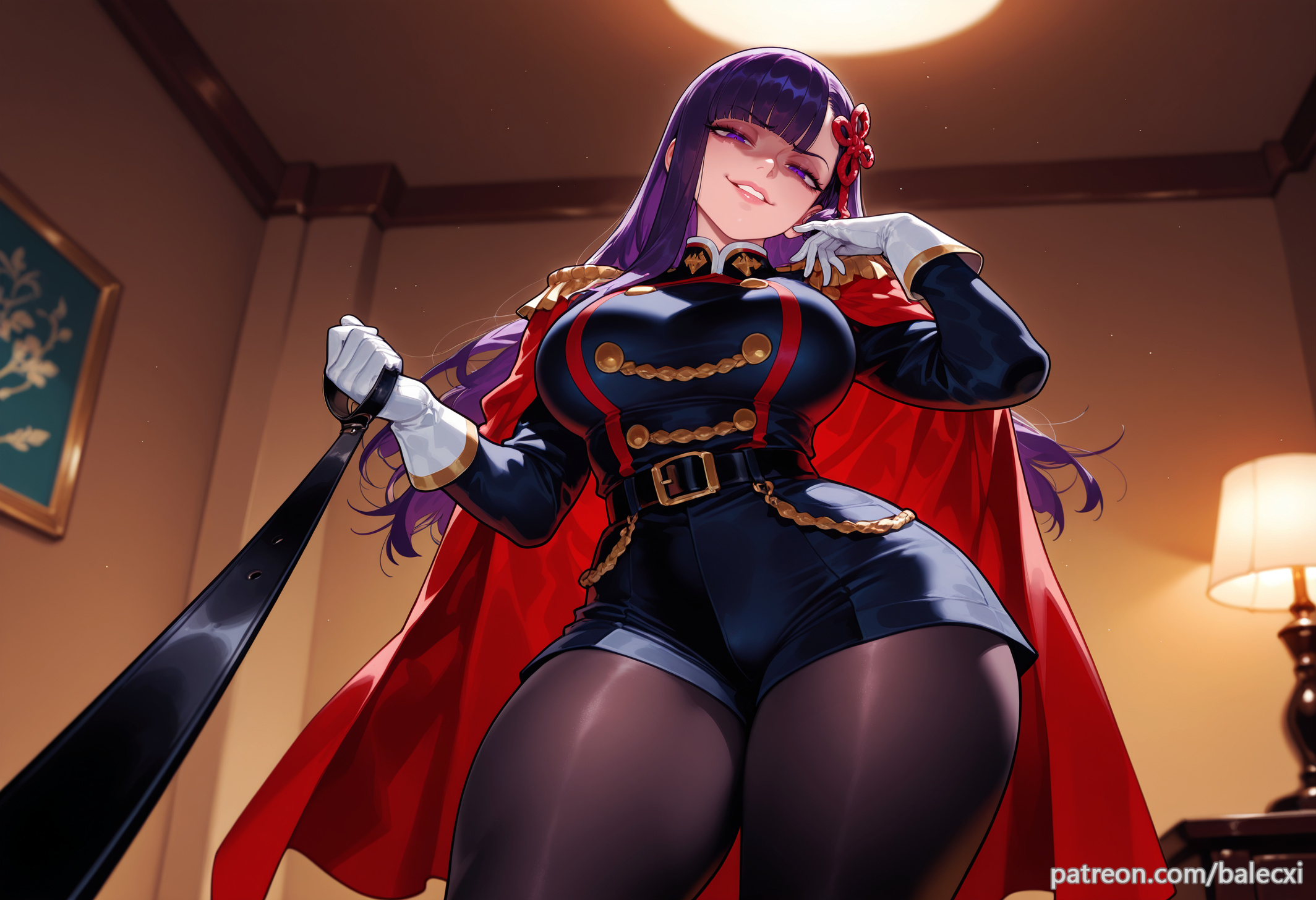 ai generated, balecxi, belt, breasts, cape, female, femdom, from below, holding, holding leash, large breasts, leash, long hair, looking at viewer, mato seihei no slave, military uniform, pantyhose, patreon username, pov, purple eyes, purple hair, shorts, smile, solo, thighs, white gloves, yamashiro ren