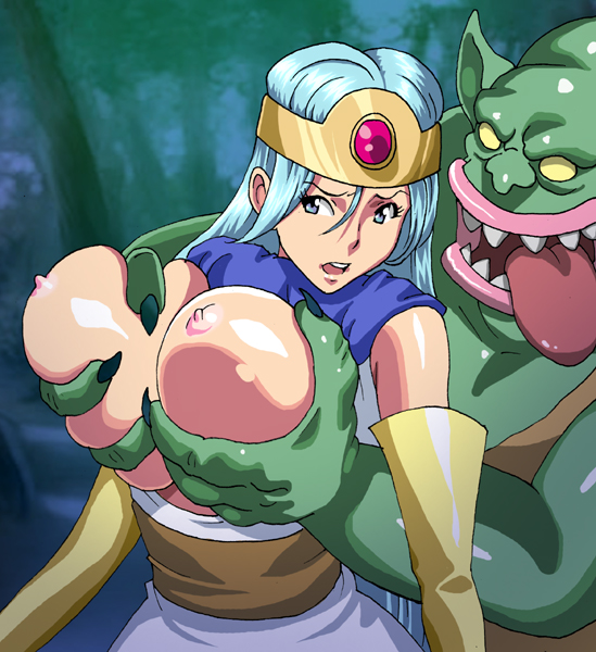 boss_troll breast_grab breast_squeeze breasts clothing dragon_quest dragon_quest_iii dress erect_nipples forest groping huge_breasts ichijiku large_breasts long_gloves monster nipples sage_(dq3) silver_hair tongue torn_clothes troll_(dragon_quest)