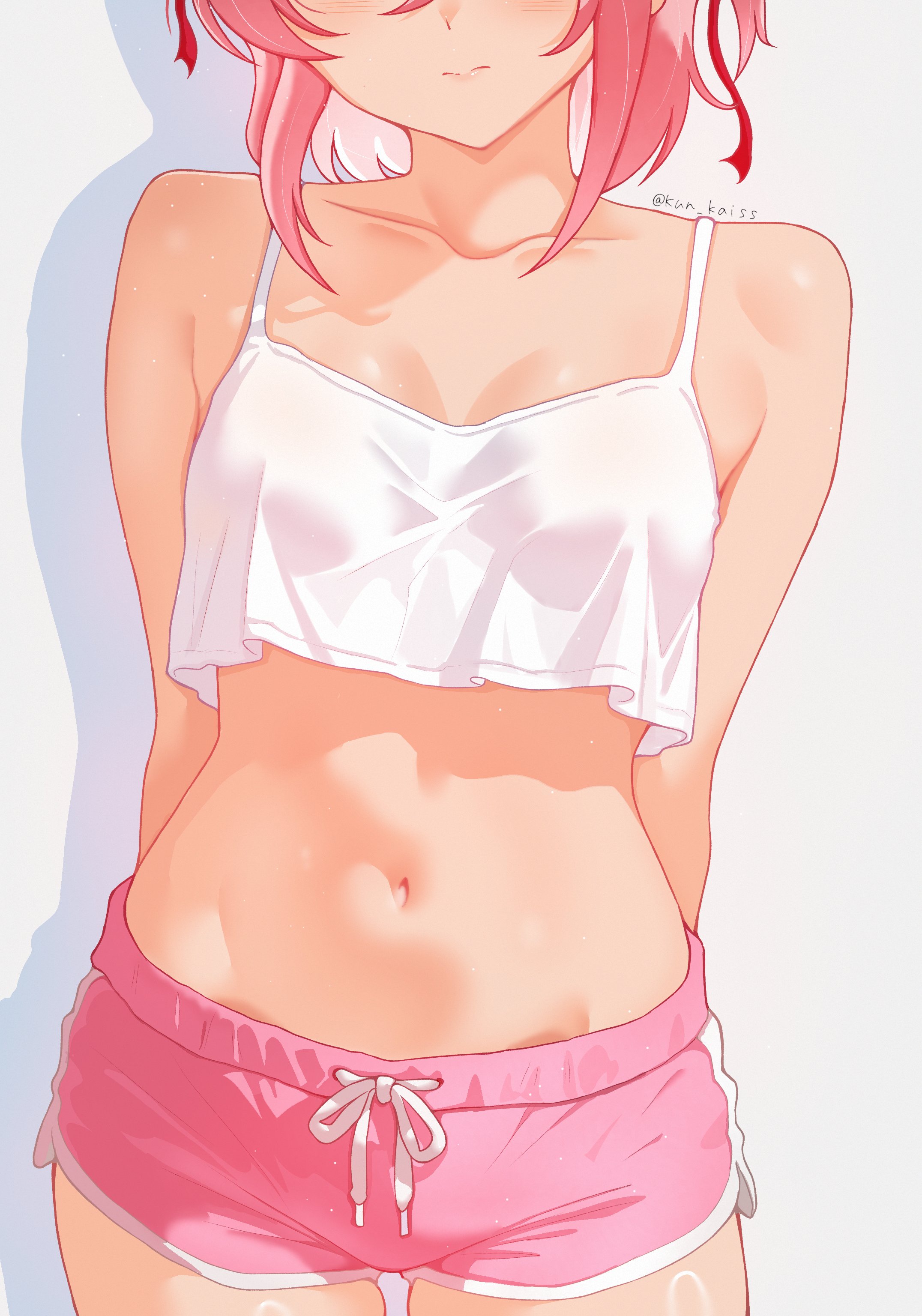, 1girls, breasts, cleavage, doki doki literature club, kun kaiss, natsuki (doki doki literature club), petite, petite body, petite breasts, petite female, pinup, small breasts, thigh gap, thighs, tits, tummy