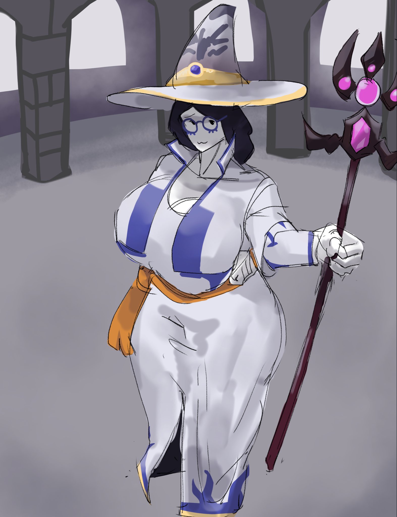 1girls, azuri (block tales), big breasts, block tales, breasts, clothed, colored sketch, commission, female only, fully clothed, roblox, roblox game, robloxian, sadeface, sketch, solo, staff, tagme, thick thighs, thighs