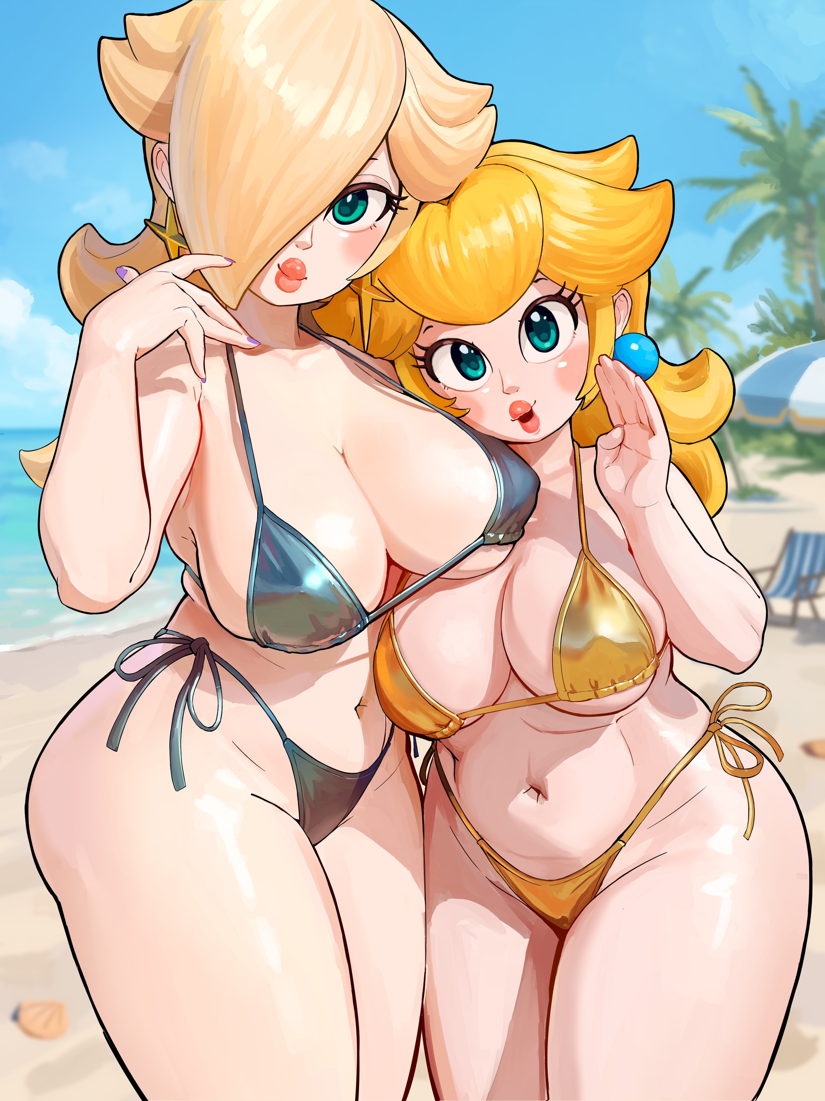 2girls, big breasts, big lips, blonde hair, blue eyes, blush, breasts, earrings, long hair, looking at viewer, mario (series), mineru128127, navel, nintendo, princess peach, princess rosalina, seductive, seductive look, thick thighs, thighs, wide hips