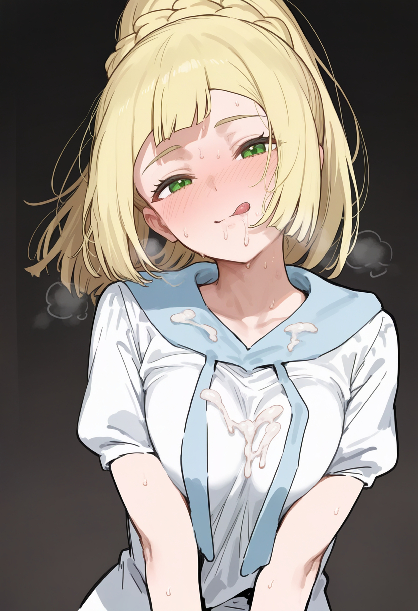 1boy, 1boy1girl, 1girl1boy, 1girls, after fellatio, after oral, ai generated, blonde female, blonde hair, blonde-haired female, consensual, faceless male, green eyes, licking cum, lillie (pokemon), myuto, older male and younger female, pale-skinned female, pokemon, pokemon sm, pokemon sun and moon, ponytail, steaming body, uniform, white skin, white woman