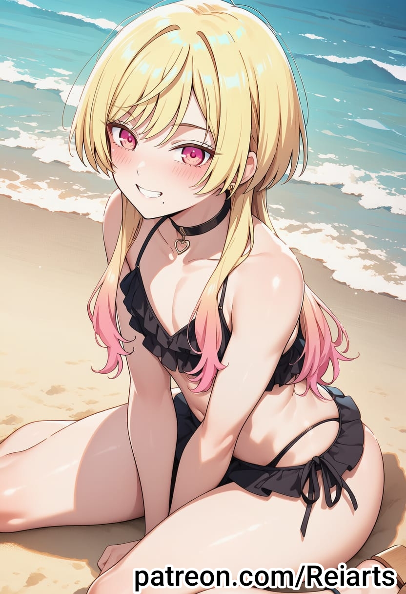 ai art, ai generated, androgynous, beach, big ass, big butt, bikini, blonde hair, femboy, kinosaki mei, long hair, marriagetoxin, penis, reiarts, solo femboy