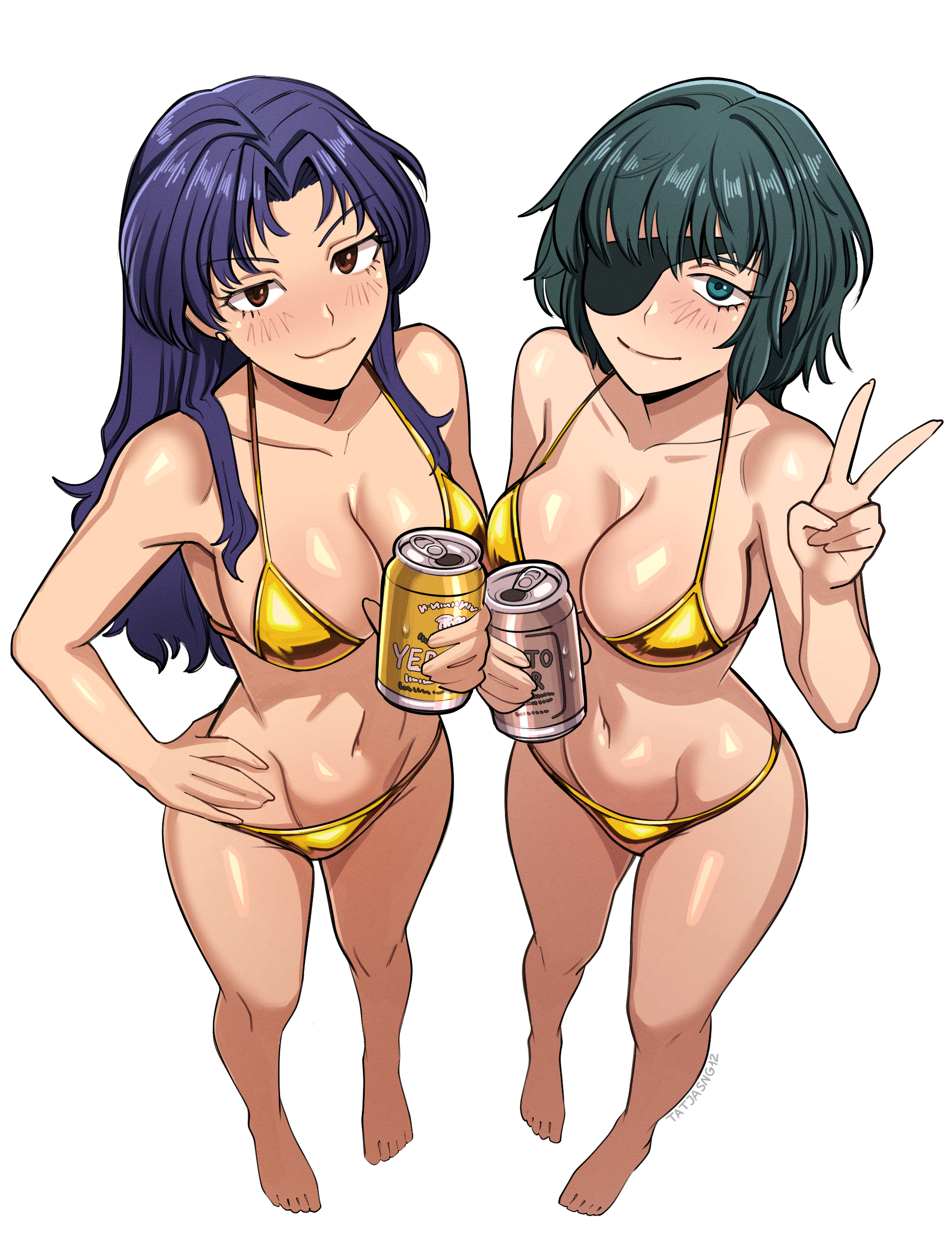 2girls, alcohol, beer, big breasts, bikini, blush, blushing, breasts, brown eyes, chainsaw man, cleavage, crossover, duo, eyepatch, female, female only, golden bikini, golden week, green eyes, green hair, himeno (chainsaw man), himesato, hourglass figure, huge breasts, human only, large breasts, looking at viewer, mature female, milf, misato katsuragi, navel, neon genesis evangelion, peace sign, purple hair, questionable, shiny skin, short hair, slim waist, standing, tatjasng12, trait connection, white background