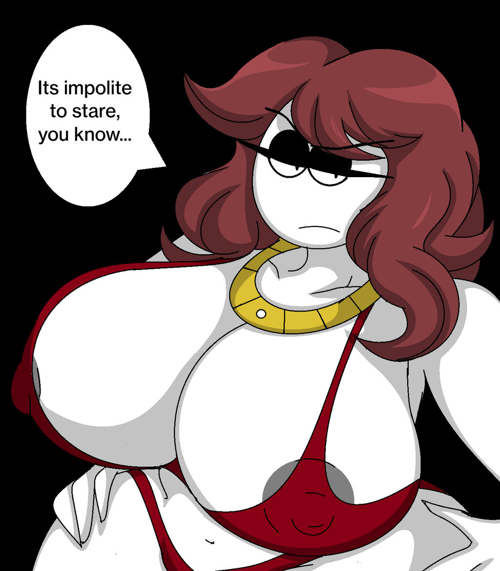 alternate version at source, alternate version available, auburn hair, belly, belly button, carmen (spooky month), cbear624, female, female focus, female only, huge breasts, necklace, pale skin, pale-skinned female, solo, speech, speech bubble, spooky month, sr pelo, text, text bubble, white skin, white skinned female