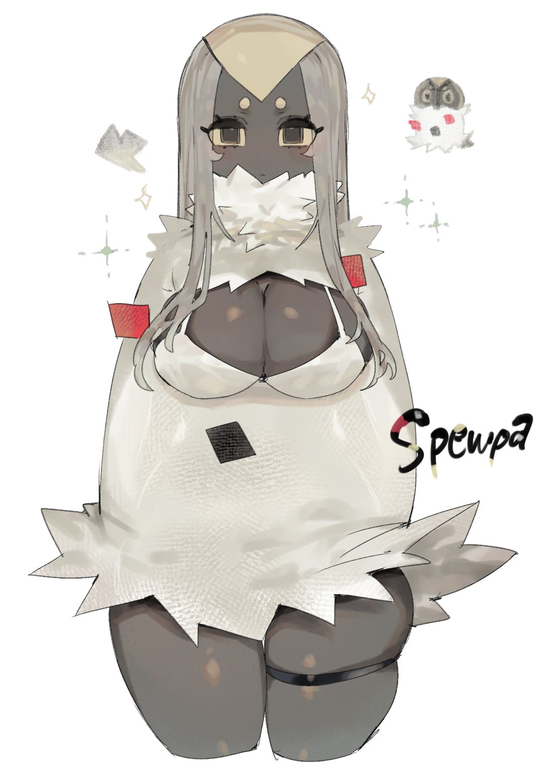 1girls, anthro, big breasts, cleavage, english text, female, female only, generation 6 pokemon, grey hair, hi res, long hair, looking at viewer, nintendo, pokemon, pokemon (species), solo, spewpa, text, thick thighs, thigh squish, thigh strap, toge77789, togetoge, unamused, white background