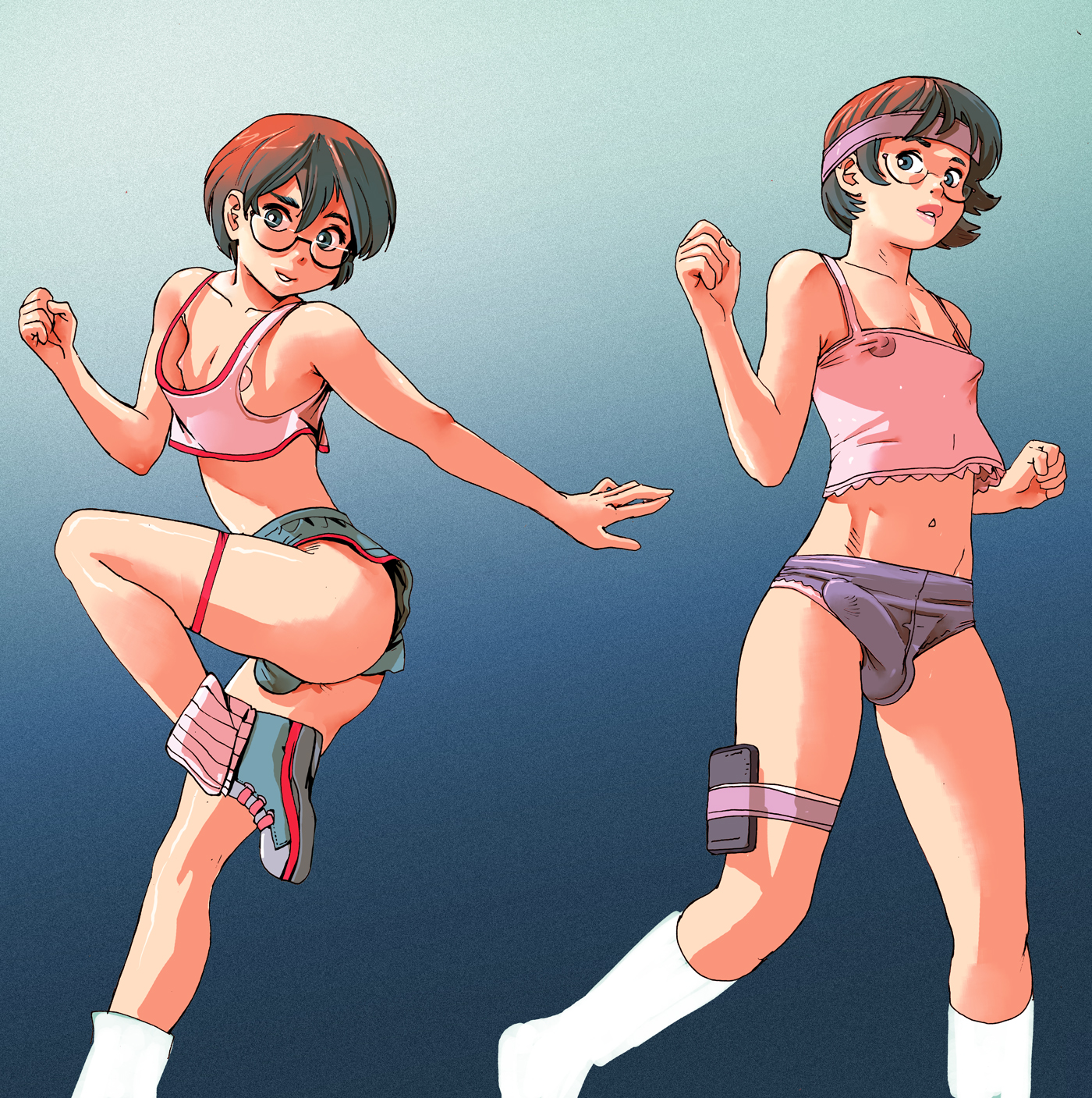 androgynous, blue eyes, blush, brown hair, bulge, clothes, erect nipples, eyewear, femboy, glasses, human, jjfrenchie, male, male only, navel, nipple slip, nipples, see-through, short hair, shorts, solo, standing, sweatband, tank top, thigh strap