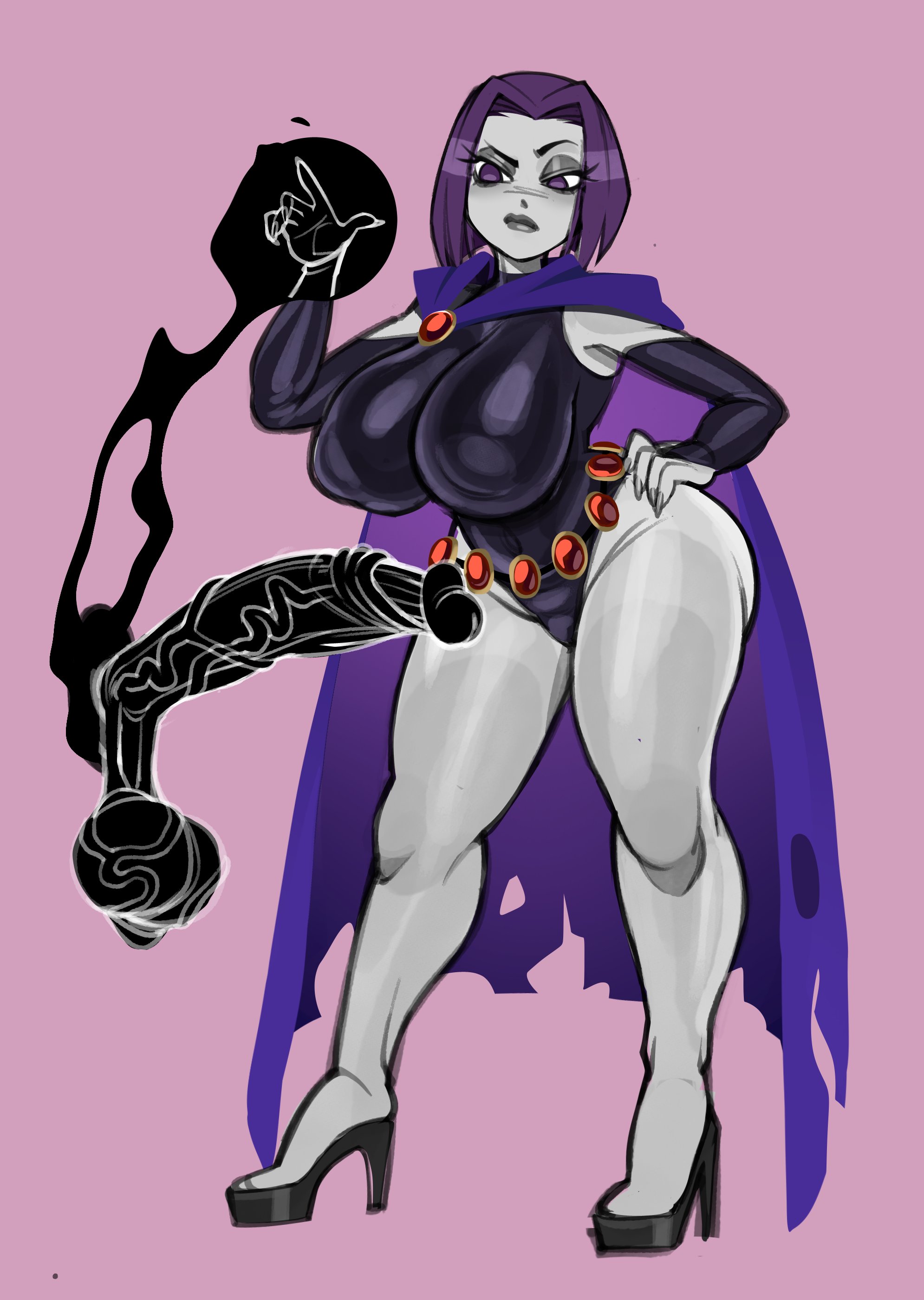 1girls, caffeee, clothing, dc, dc comics, female, female focus, female only, grey body, grey skin, human, looking at viewer, male, pale skin, purple hair, rachel roth, raven (dc), short hair, teen titans