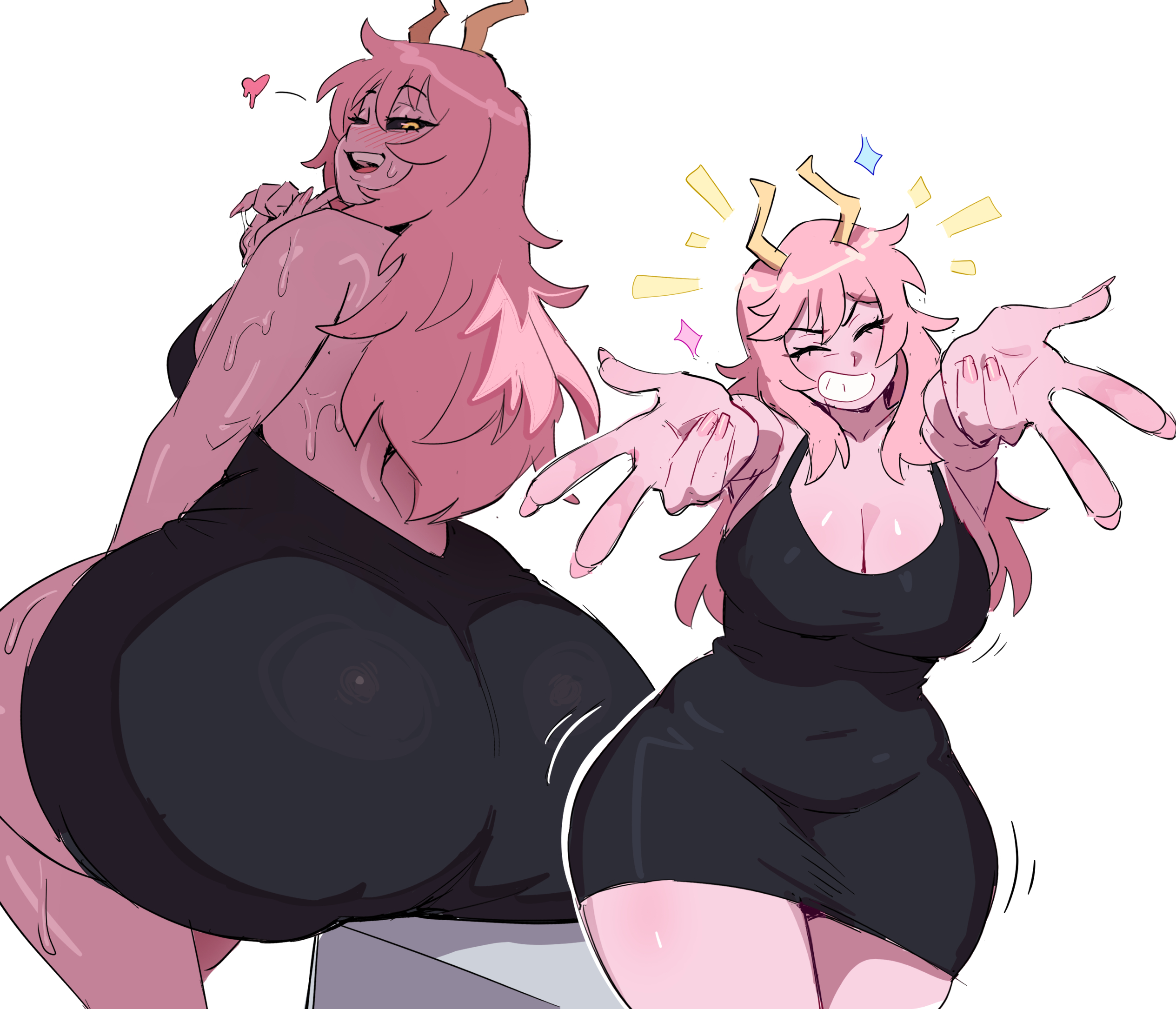 1girl, 1girls, aged up, ashido mina, ashido mina time-skip, ass, ass focus, back, backless dress, backless outfit, big ass, black sclera, boku no hero academia, breasts, colored sclera, colored skin, covered navel, curvy, double w, dress, from behind, grin, horns, huge ass, impossible clothes, impossible dress, kharon, kharonnsfw, kharuart, large breasts, long hair, looking at viewer, looking back, mature female, mina ashido, mina ashido time-skip, my hero academia, my hero academia (finale), official alternate hairstyle, open mouth, pink body, pink hair, post-timeskip, slim waist, smile, solo, sweat, thick thighs, thighs, tight clothes, tight dress, w, wide hips, yellow eyes