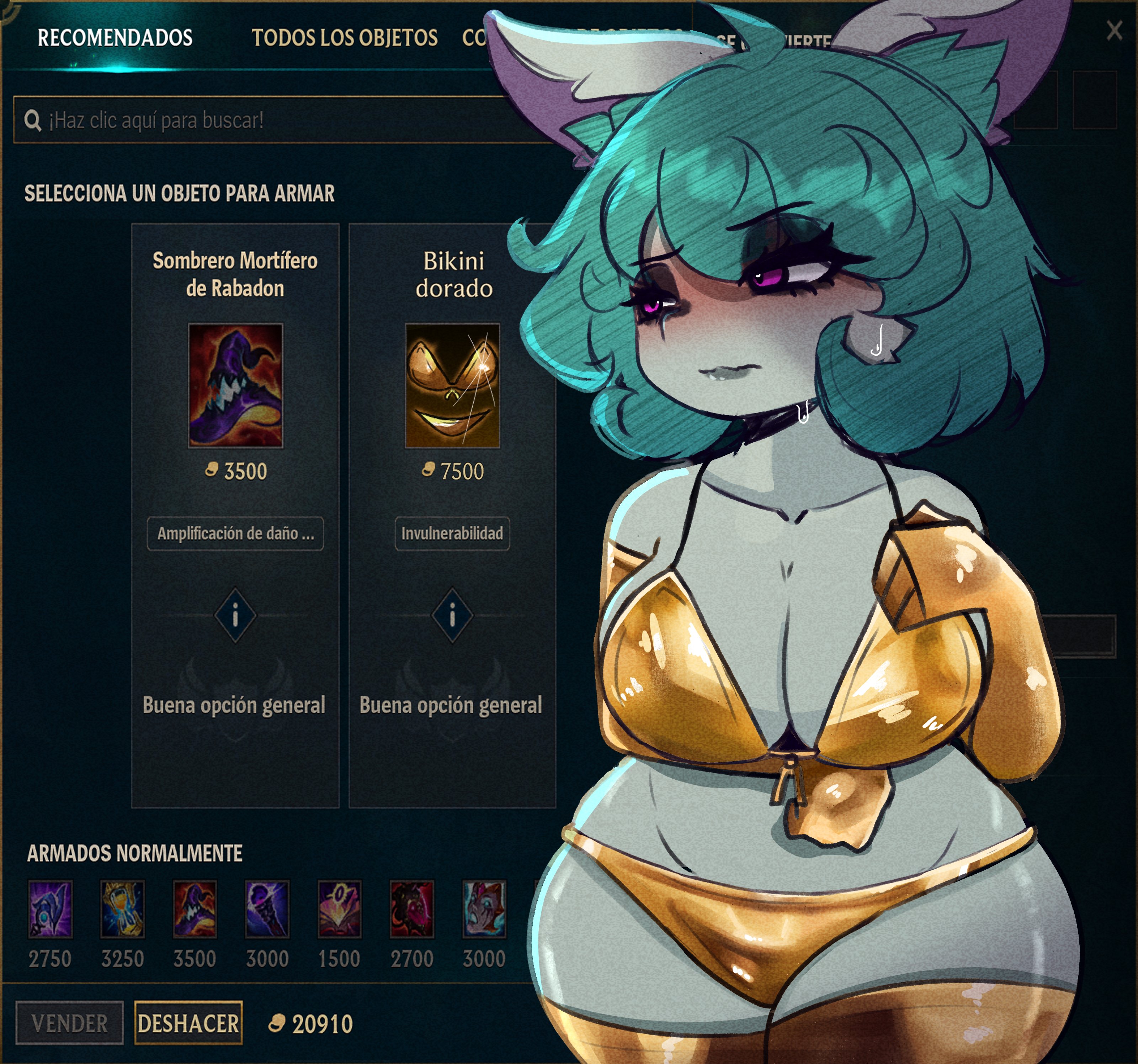 bikini, blush, breasts, gameplay mechanics, gloves, gold bikini, green hair, kindroseart, large breasts, league of legends, looking away, pink eyes, pointy ears, short hair, shortstack, slim waist, stockings, sweat, sweatdrop, thick thighs, vex (league of legends), wide hips, yordle