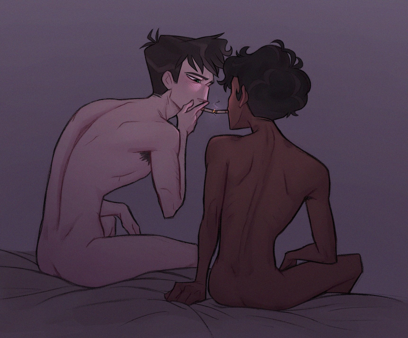 2boys, after sex, alastor (hazbin hotel), cigarette, gay, gay male, hairy, hairy male, hazbin hotel, human alastor (hazbin hotel), human vox (hazbin hotel), naked, naked male, nude, nude male, ranksauce, vox (hazbin hotel), yaoi