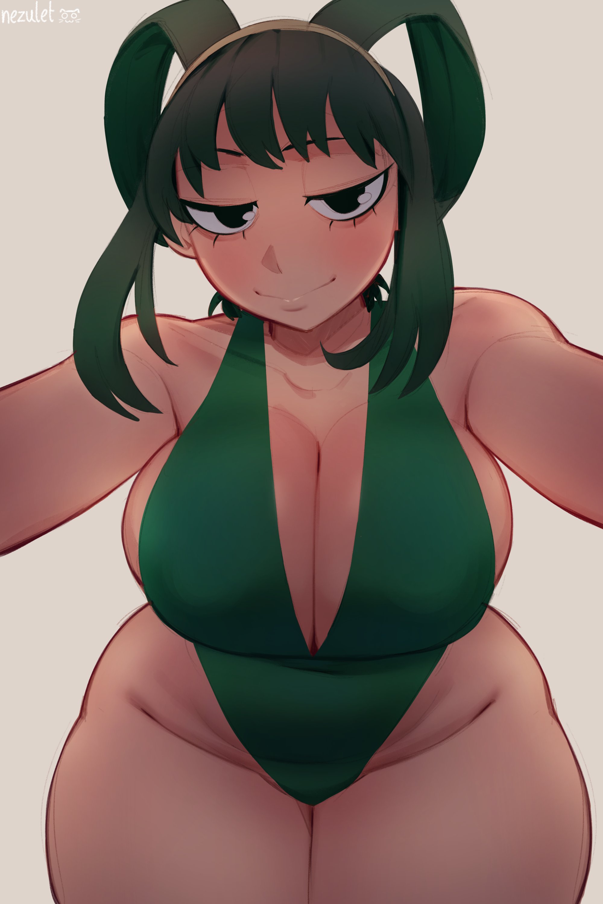 1girls, 2d, adult tsuyu, boku no hero academia, breasts, clothed, clothed female, female, female only, front view, green hair, my hero academia, nezulet, solo, solo female, tagme, thighs, tsuyu asui