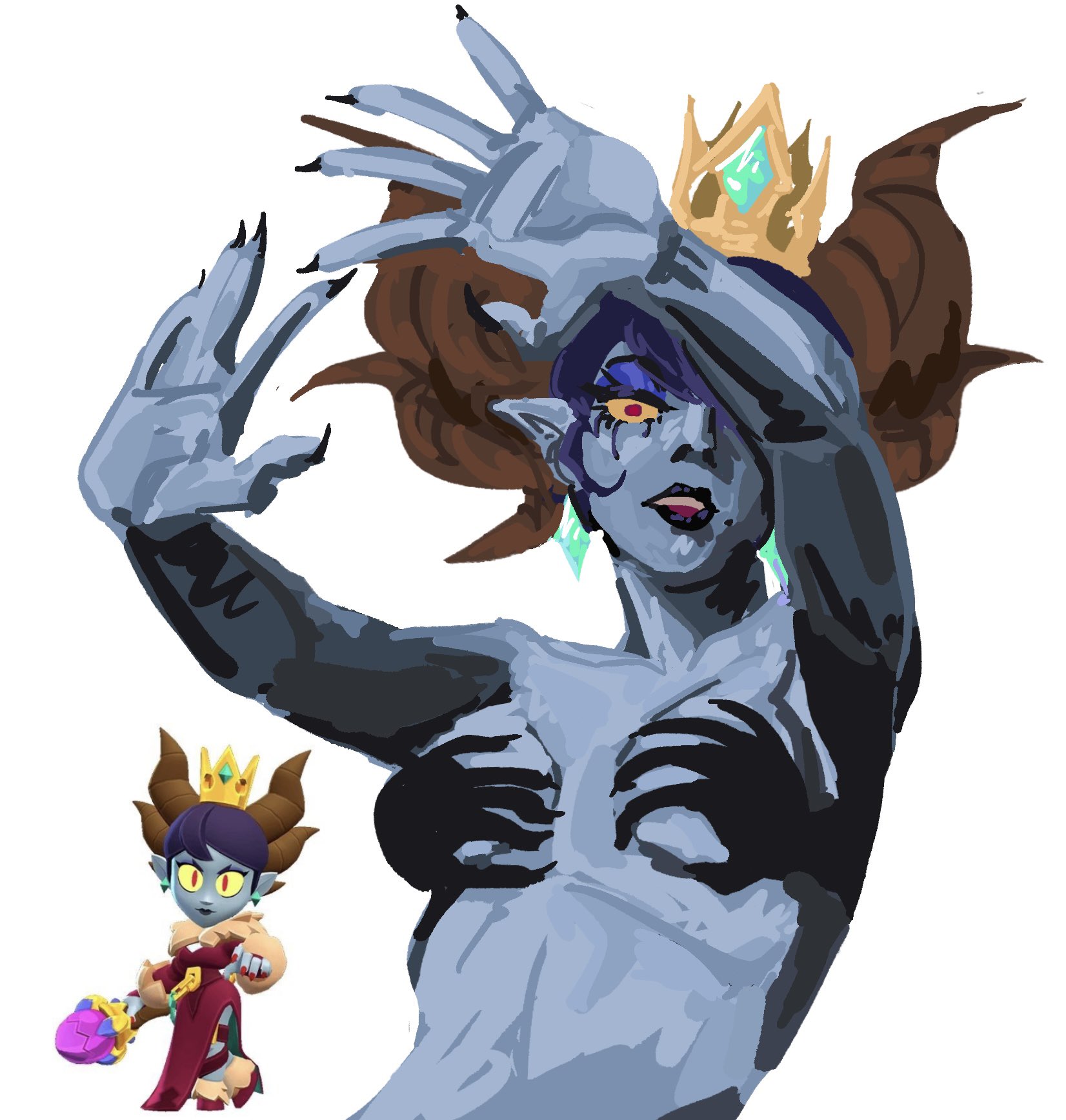 artist request, beauty mark, black hair, brawl stars, breasts, crown, earrings, hands casting shadow, headgear, horns, looking at viewer, malicious mandy (brawl stars), mandy (brawl stars), naked, naked female, navel, nude, nude female, red eyes, shadow, short hair, slim waist, small breasts, tagme, tagme (artist), yellow sclera