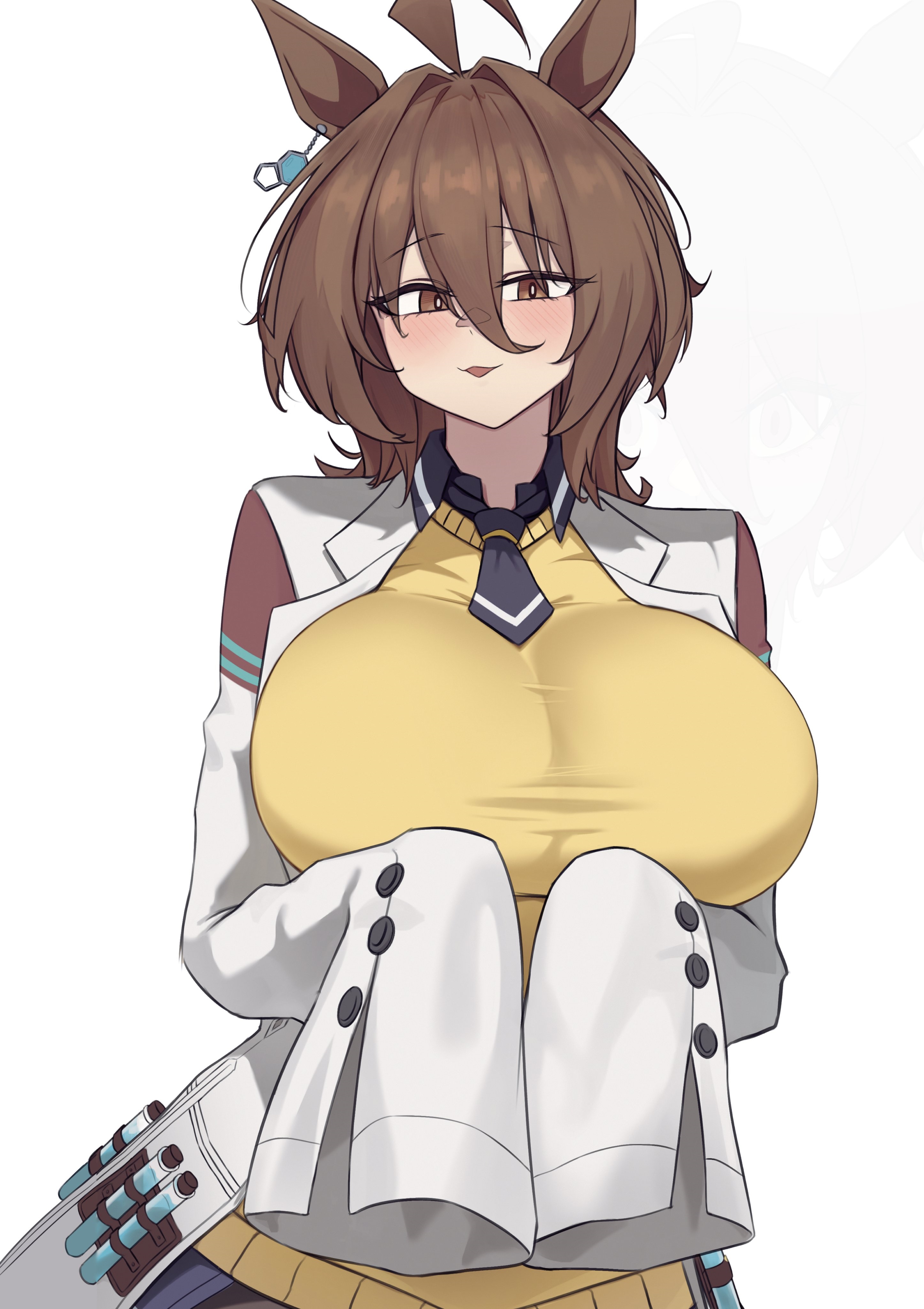 1girl, absurdres, agnes tachyon (tach-nology) (umamusume), agnes tachyon (umamusume), ahoge, alternate breast size (larger), animal ears, black necktie, black shirt, blush, breasts, brown eyes, brown hair, chemical structure, collared shirt, commentary, hair between eyes, highres, horse ears, horse girl, k dhen, lab coat, large breasts, long sleeves, looking at viewer, matching hair/eyes, medium hair, necktie, open clothes, parted lips, shirt, short necktie, simple background, sleeves past fingers, sleeves past wrists, smile, solo, sweater, sweater vest, test tube, test tube holster, umamusume, umamusume pretty derby, upper body, white background, wide sleeves, yellow sweater, yellow sweater vest