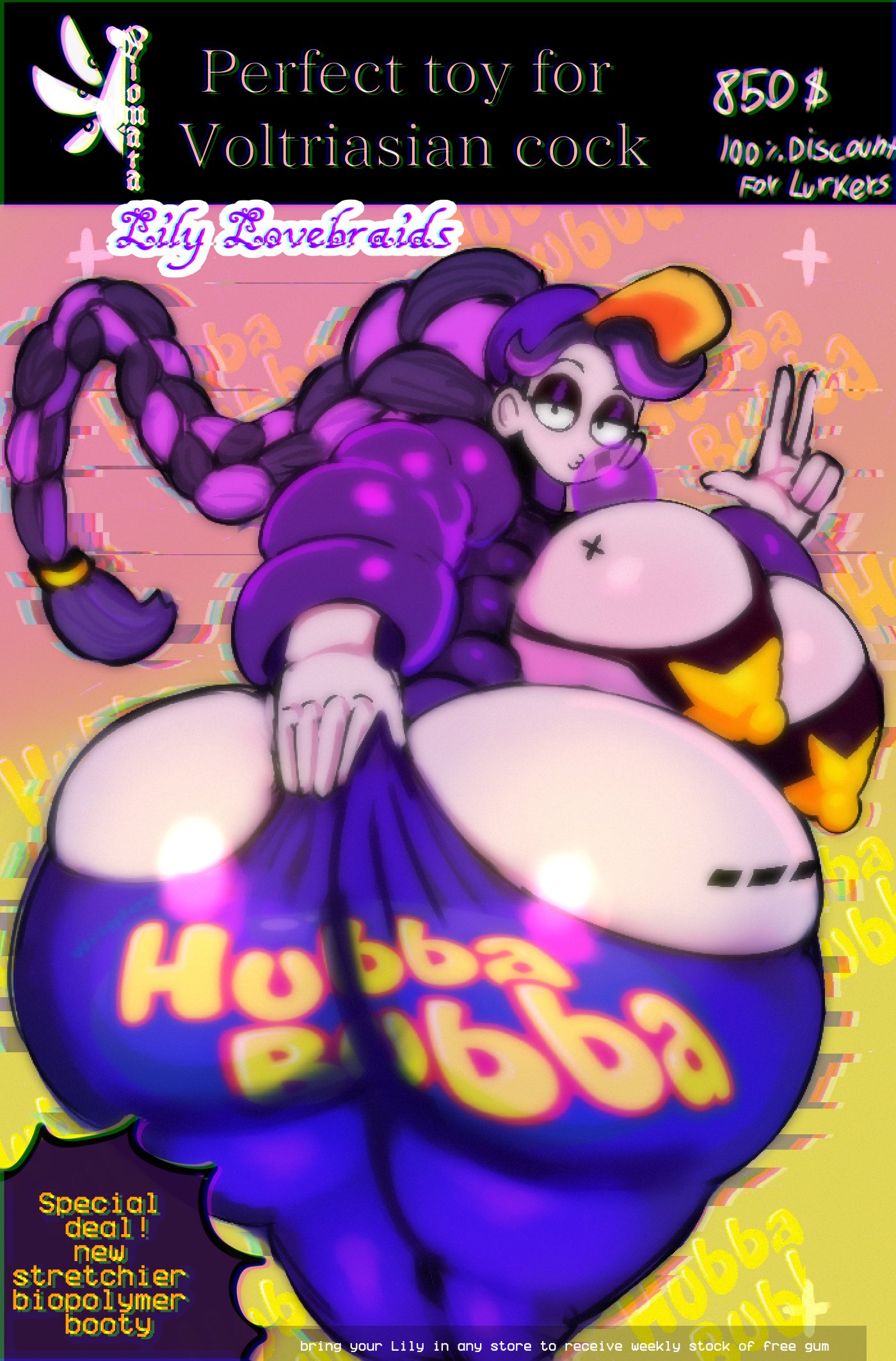 1girls, 2026, 2026s, 2d, 2d (artwork), 2d artwork, 4 fingers, advertisement, alternate ass size, alternate version available, animate inanimate, ass, ass focus, big ass, big butt, big thighs, bikini, bikini top, black eyes, bottom heavy, braid, braided hair, braided ponytail, bubble ass, bubble butt, bubble gum, butt focus, cap, color, curvy, curvy female, curvy figure, digital art, digital drawing, digital drawing (artwork), digital media, digital media (artwork), digital painting, digital painting (artwork), doll, doll girl, english, english dialogue, english text, eyelashes, female, female focus, fingers, gum, hair, half-closed eyes, hubba bubba, hubba bubba bubble butt, humanoid, humanoid female, inanimate animate, jacket, jiggle, jiggling, jiggling ass, jiggling butt, khadhunter7, large ass, large butt, large thighs, lily lovebraids, living toy, long hair, long purple hair, looking back, mascot horror, mob entertainment, mob games, nipple bulge, no panties, no underwear, noseless, not furry, novelty pants, pants, partially clothed, peace sign, ponytail, ponytail (hair), ponytail female, poppy playtime, poppy playtime (chapter 5), pulled by self, pulling clothing, pulling own clothes, purple hair, tattoo, tattoos, thick, thick ass, thick butt, thick hips, thick legs, thick thighs, tight clothes, tight clothing, tight fit, tight pants, twerk, twerking, twerking position, video games, wardrobe malfunction, wide hips