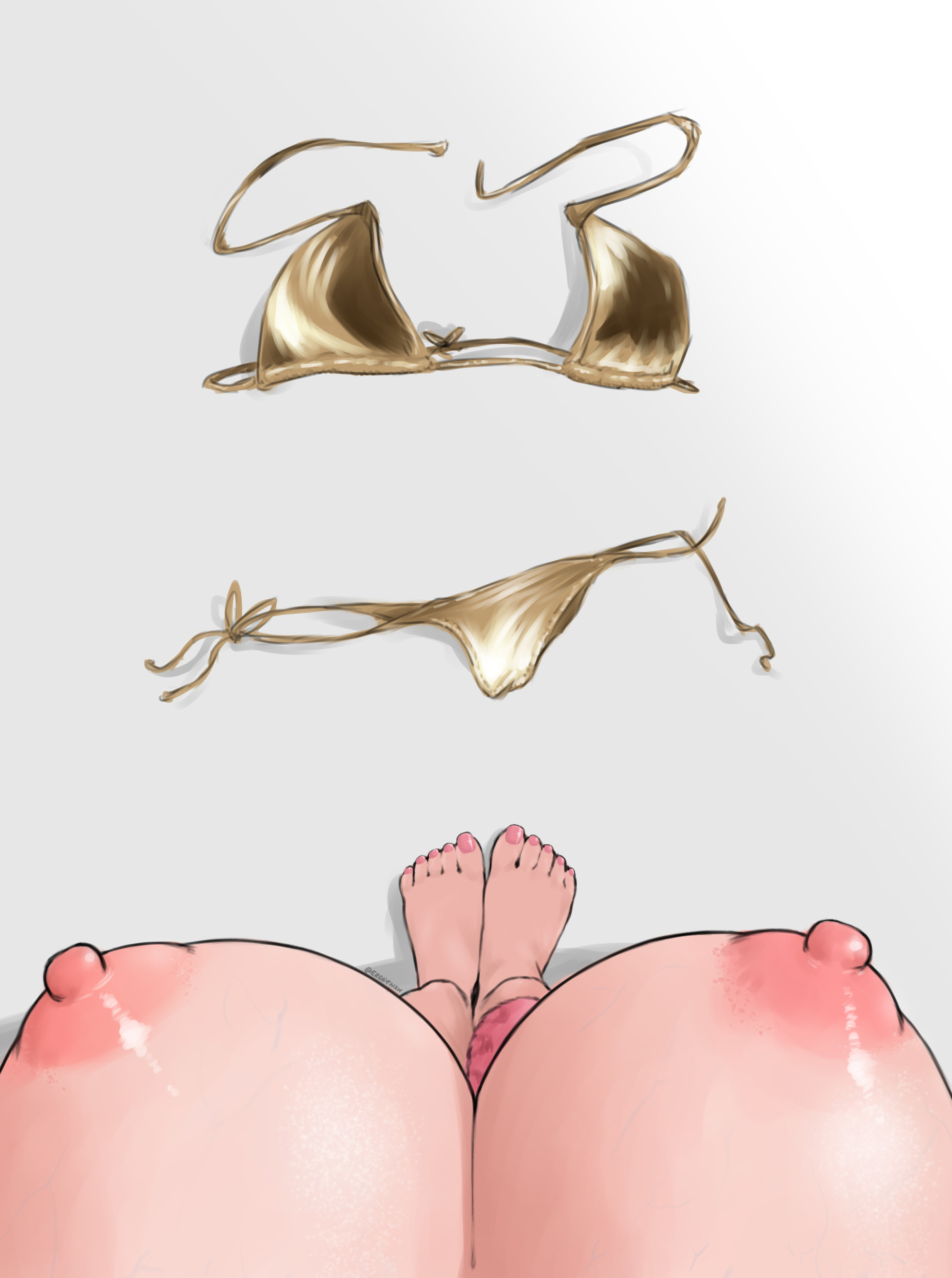 1girls, areolae, barefoot, big breasts, bikini, breasts, busty, busty female, erdren, feet, female, female focus, female only, female pov, gold bikini, hololive, hololive english, hololive english -justice-, huge breasts, large breasts, light skin, light-skinned female, nipples, pov, raora panthera, solo, virtual youtuber, voluptuous, voluptuous female