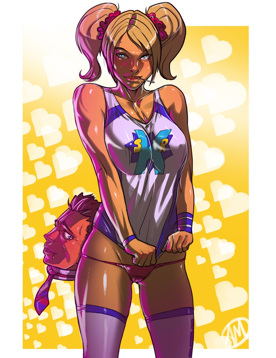blonde hair, blue eyes, breasts, cheerleader, cleavage, female, ganassa, human, juliet starling, lollipop, lollipop chainsaw, male, nick carlyle, pink thong, shiny, shirt pull, tank top, thighhighs, thong, tied hair, twintails, wristband
