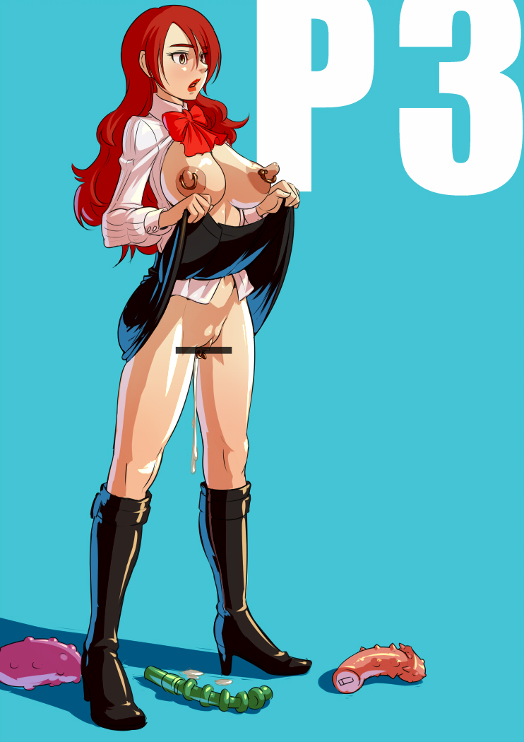 boots bottomless breasts censored clit_ring cum cum_in_pussy cumdrip dildo large_breasts mikoyan mitsuru_kirijo nipple_piercing nipples no_panties panties persona persona_3 piercing pussy red_hair school_uniform skirt_lift vibrator