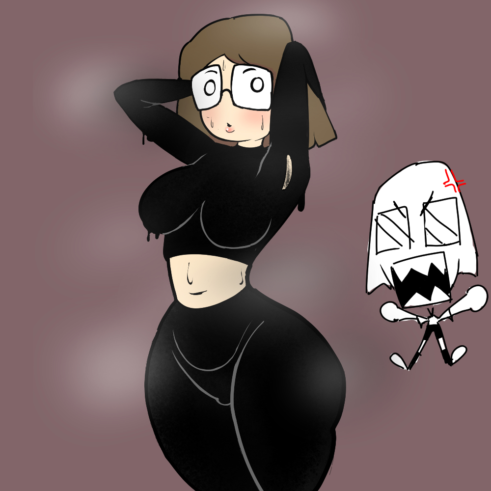 1girls, arms up, big breasts, black eyes, brown hair, clothed, clothing, color, ethicalgooner2007 (kryptraider), female, female focus, female only, glasses, highandlow1982, human, human only, internet controversy, light skin, looking at viewer, open mouth, original, simple background, sweat, sweatdrop, thick thighs, twitter, twitter link, wide hips