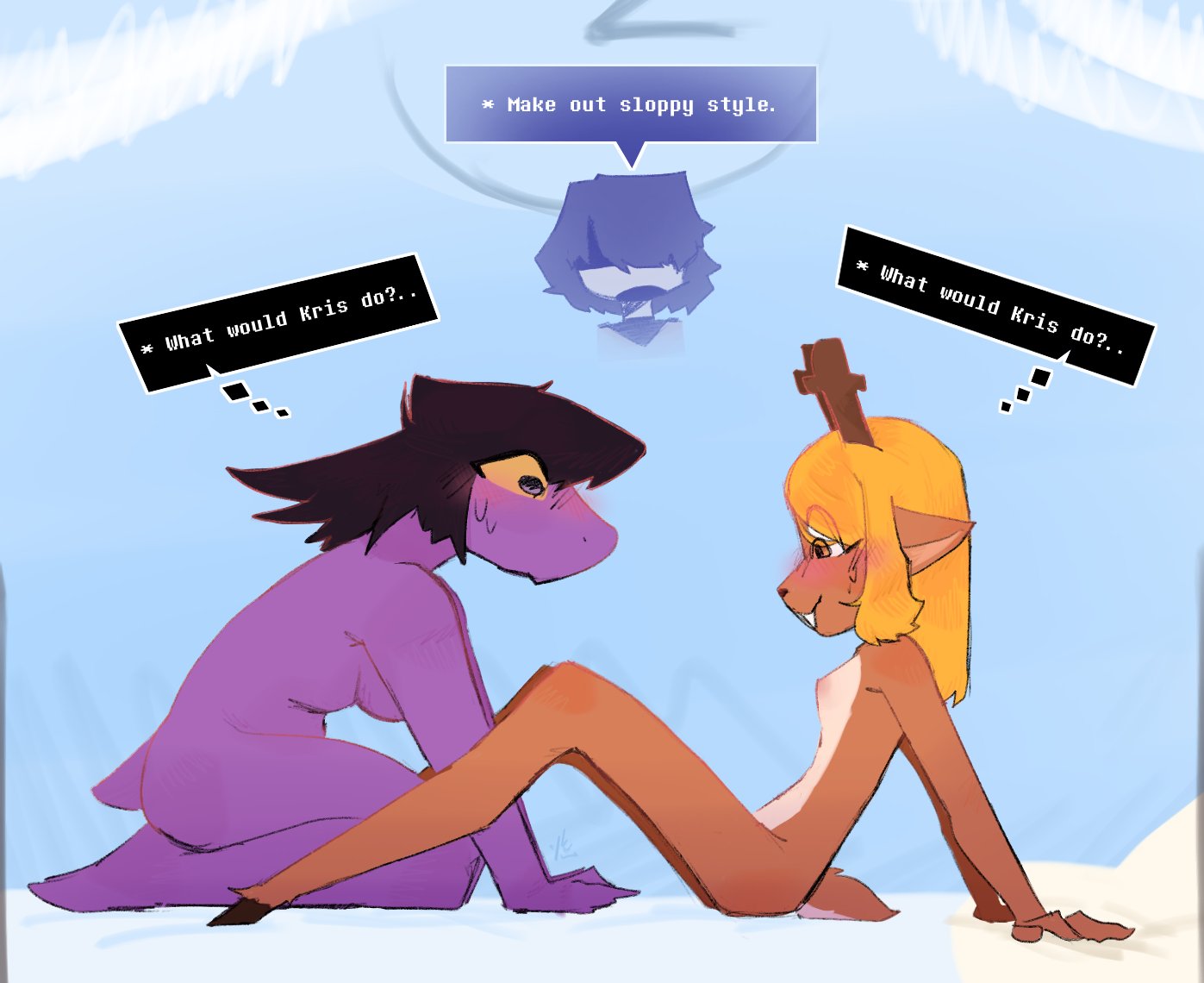 1nonbinary, 2girls, antlers, areolae, blushing, boobs, breasts, deer, deer girl, deltarune, doe, female, genderless, imminent yuri, kris (deltarune), naked, nipples, noelle (deltarune), noelle holiday, nonbinary, purple body, purple skin, skinny legs, slim, slim anthro, slim female, slim waist, small butt, susie (deltarune), thin thighs, thought bubble, thought bubbles, tits, tofuuu, tofuuucubed, yellow hair
