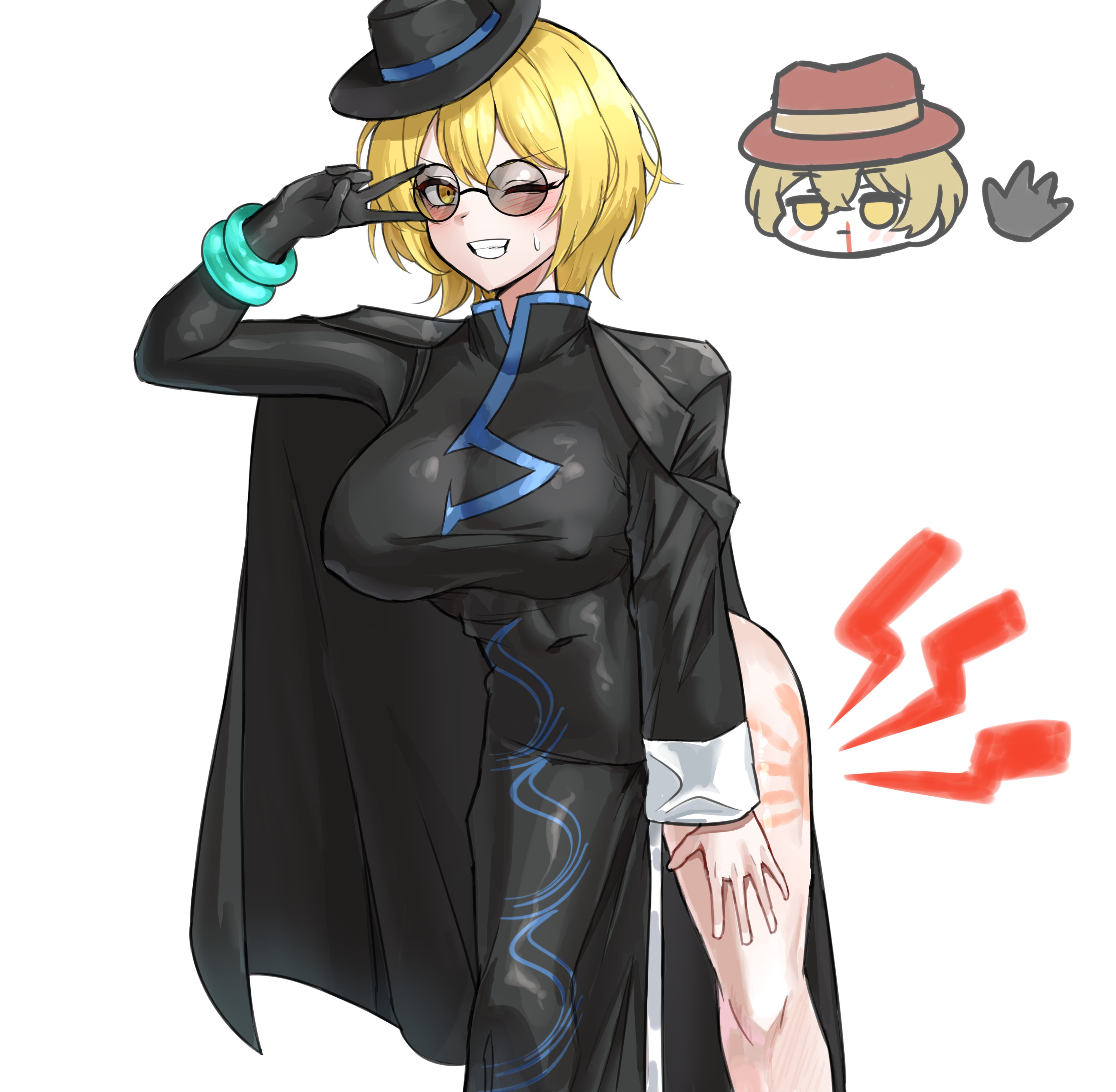 1boy, 1girl, 1girls, ass, big breasts, black coat, black dress, black gloves, black hat, blonde hair, blush, breasts, brown shoes, china dress, chinese clothes, cinq association (identity) (project moon), coat, coat on shoulders, don quixote (limbus company), dress, earrings, gloves, godssary, hat, highres, huge breasts, jewelry, large breasts, limbus company, nipples, nipples visible through clothing, nose blush, nosebleed, one eye closed, project moon, qipao, red hat, round eyewear, short hair, sinclair (limbus company), slapping ass, smile, spank marks, spanking, sunglasses, tight clothing, v, yellow eyes